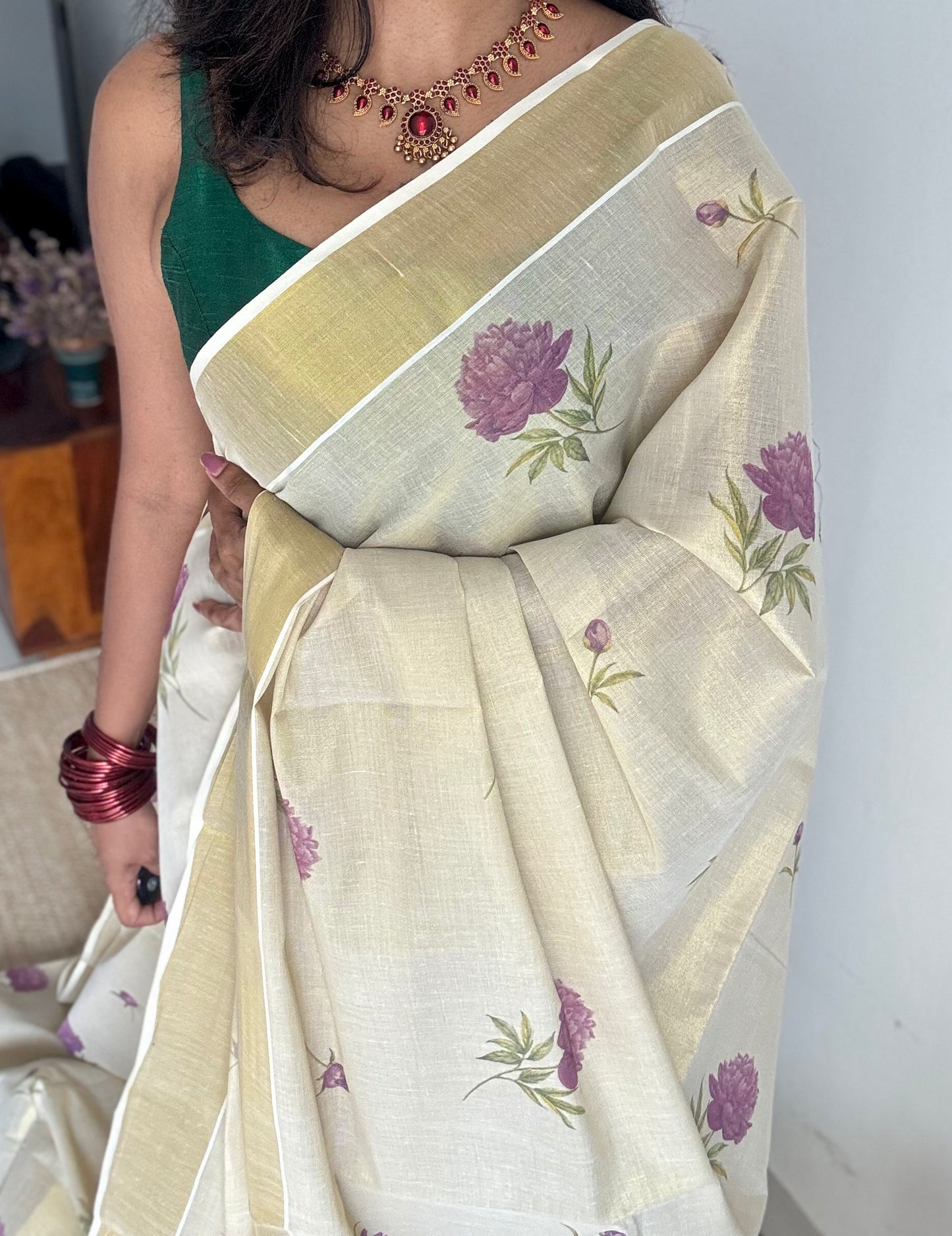 Ivory Kerala Cotton Tissue, Floral Print - YCONKCT220