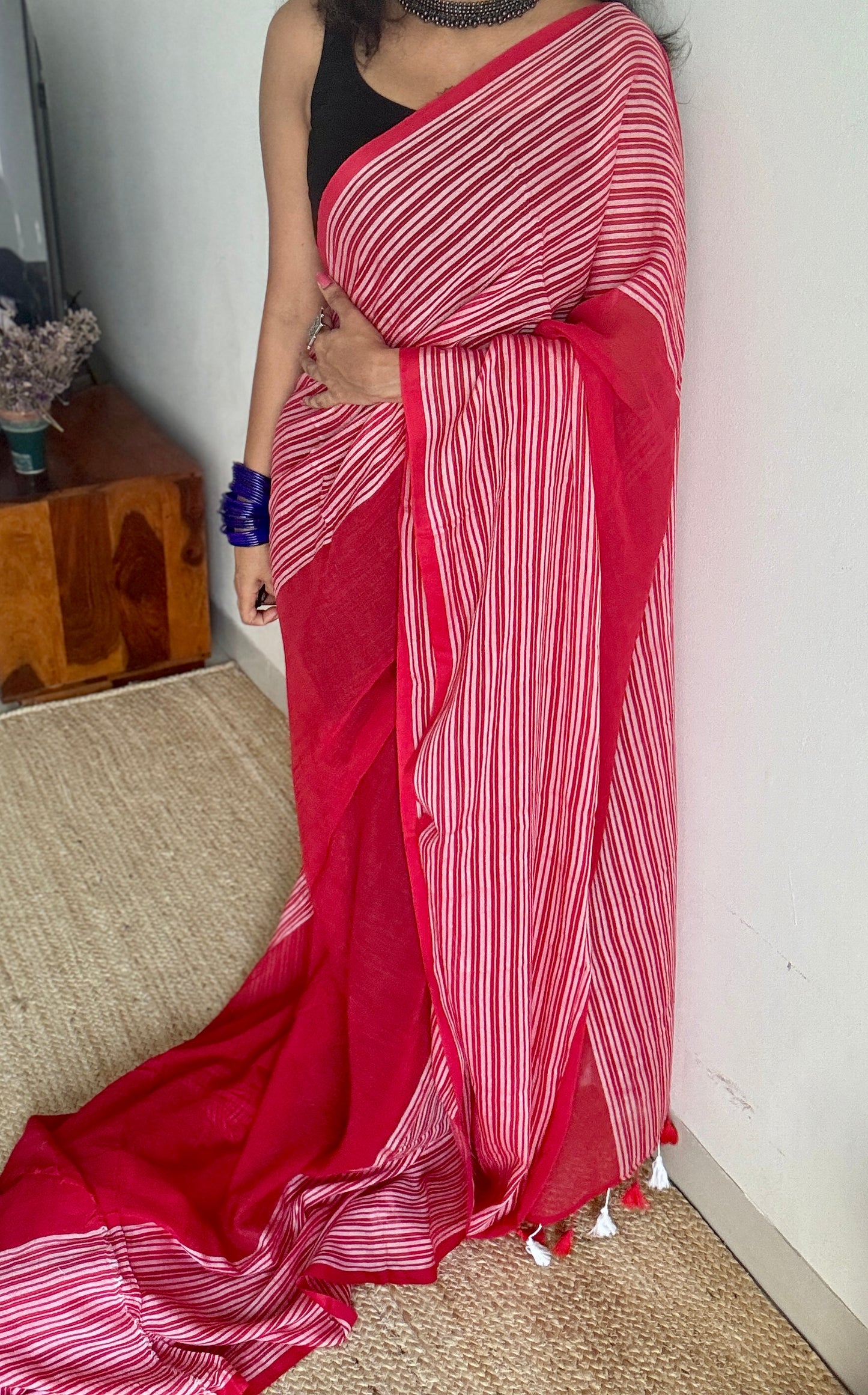 Red with white striped borders, mul cotton YCBCMCM04