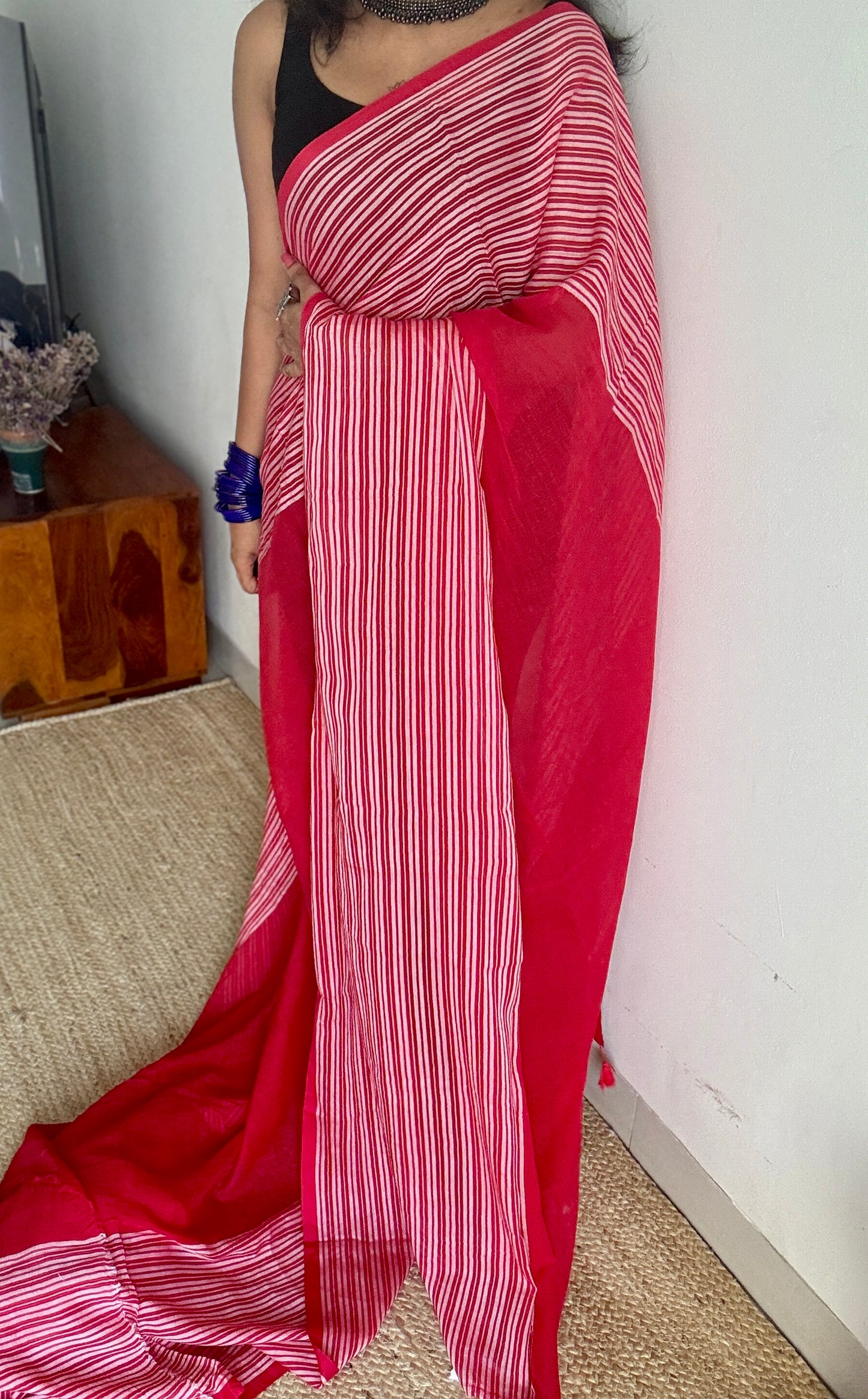 Red with white striped borders, mul cotton YCBCMCM04