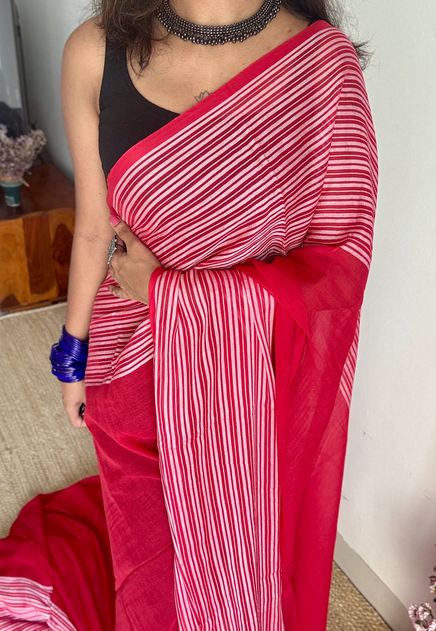 Red with white striped borders, mul cotton YCBCMCM04