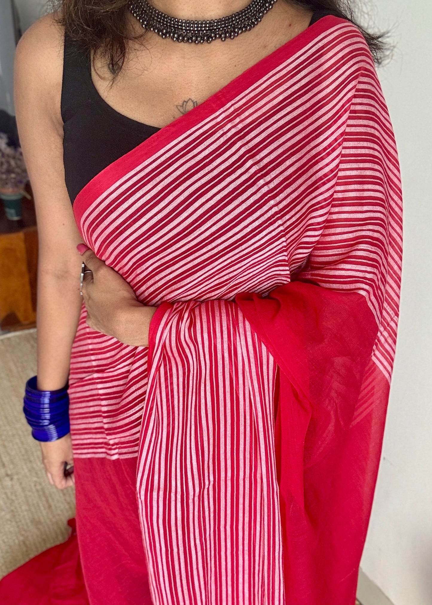 Red with white striped borders, mul cotton YCBCMCM04