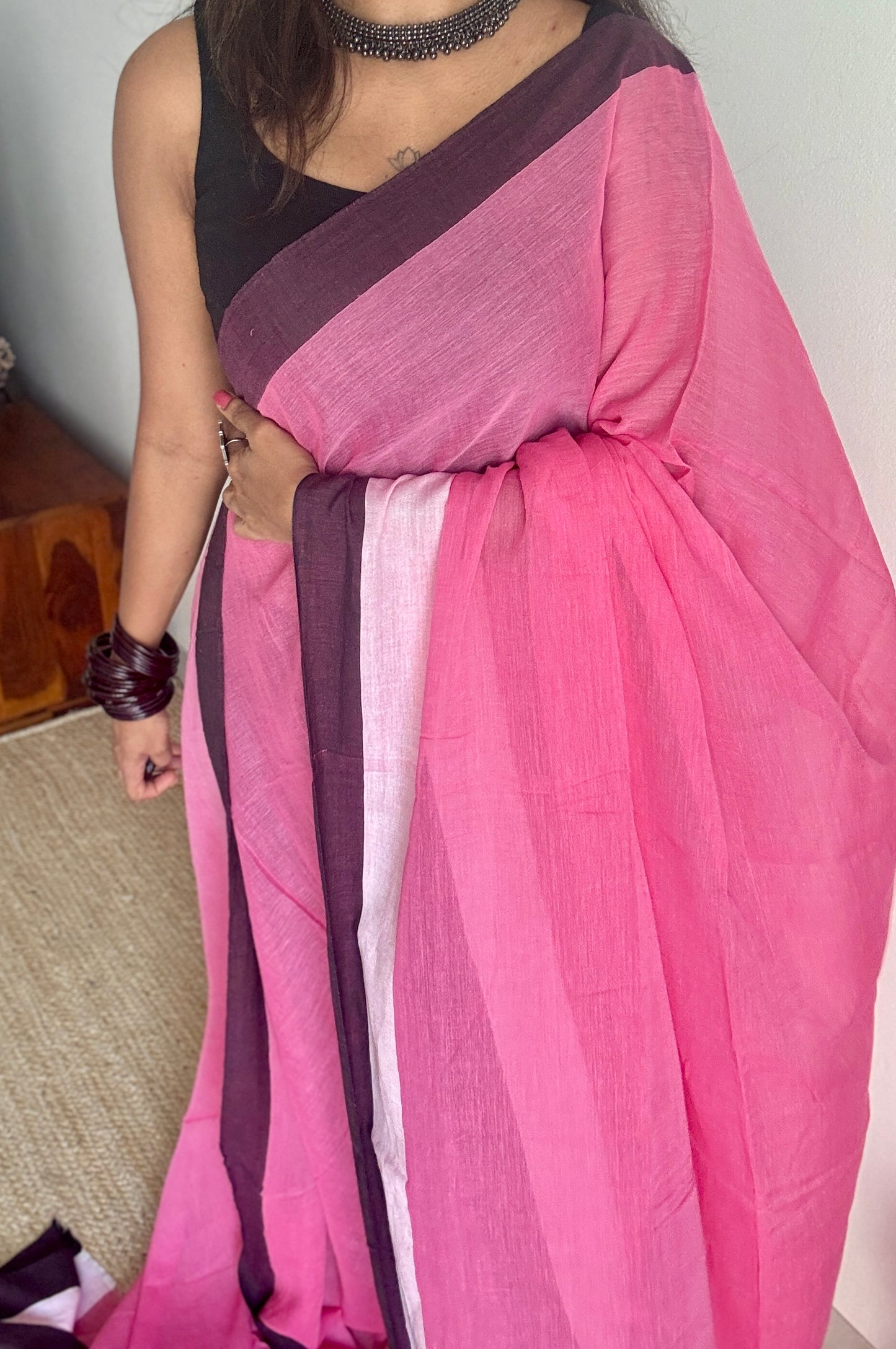 Pink with cream and dark purple border, mul cotton YCBCMCM05