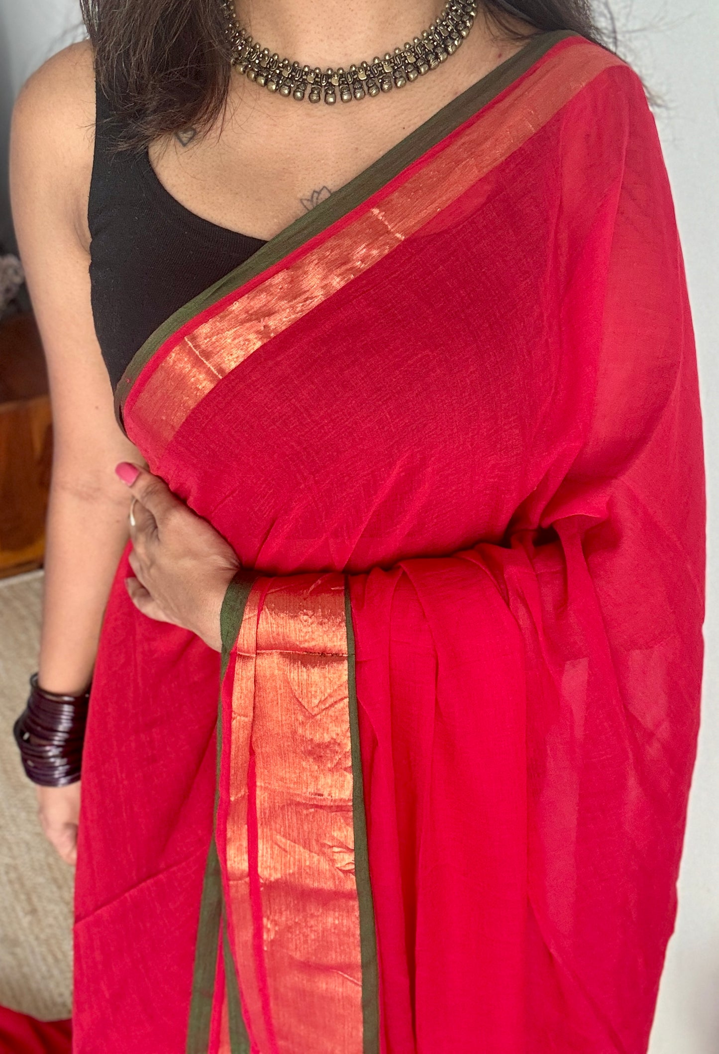 Red with antique gold zari border, mul cotton YCBCMCM07