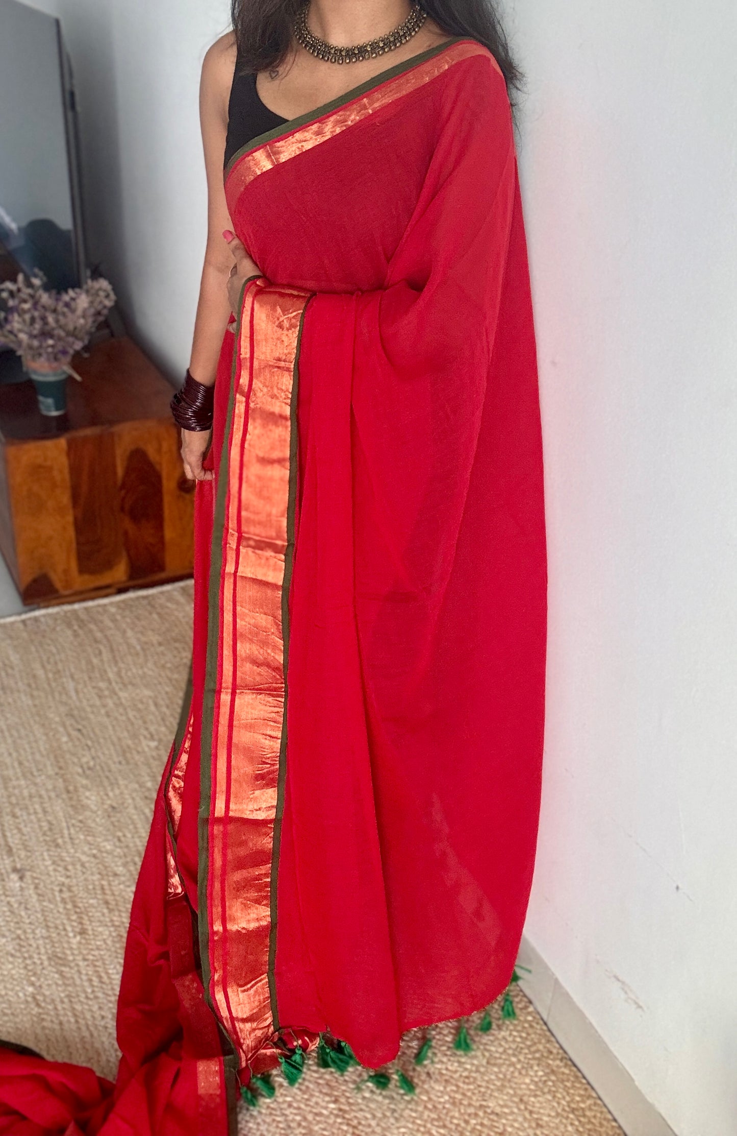 Red with antique gold zari border, mul cotton YCBCMCM07