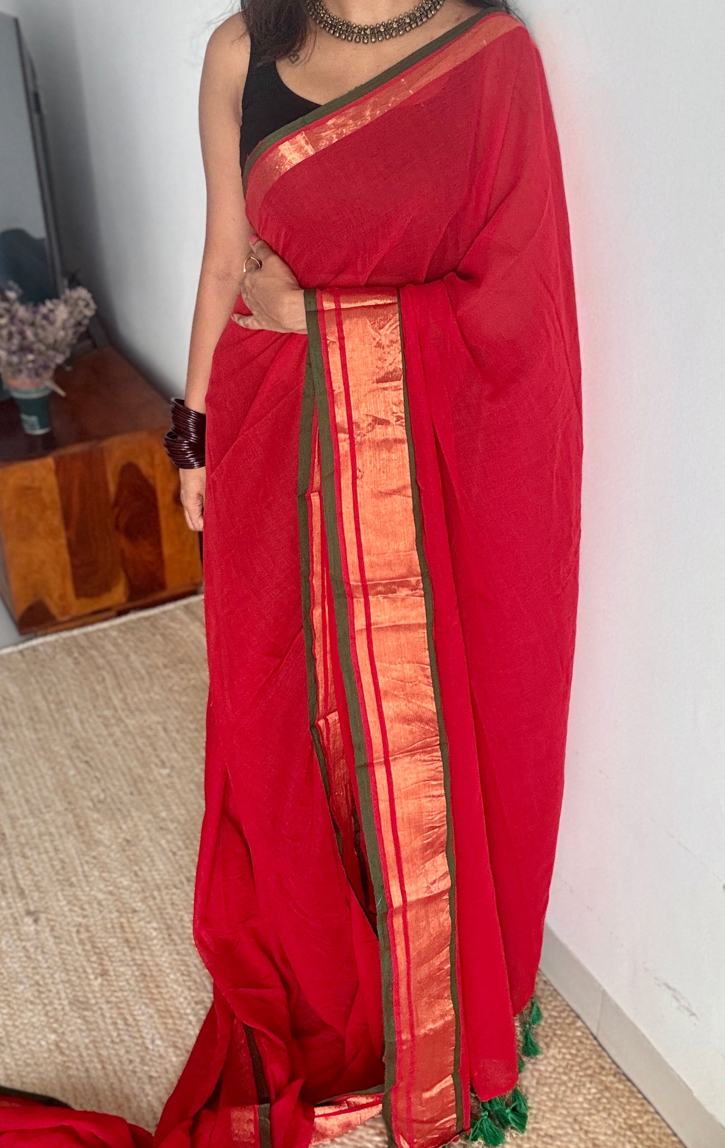 Red with antique gold zari border, mul cotton YCBCMCM07