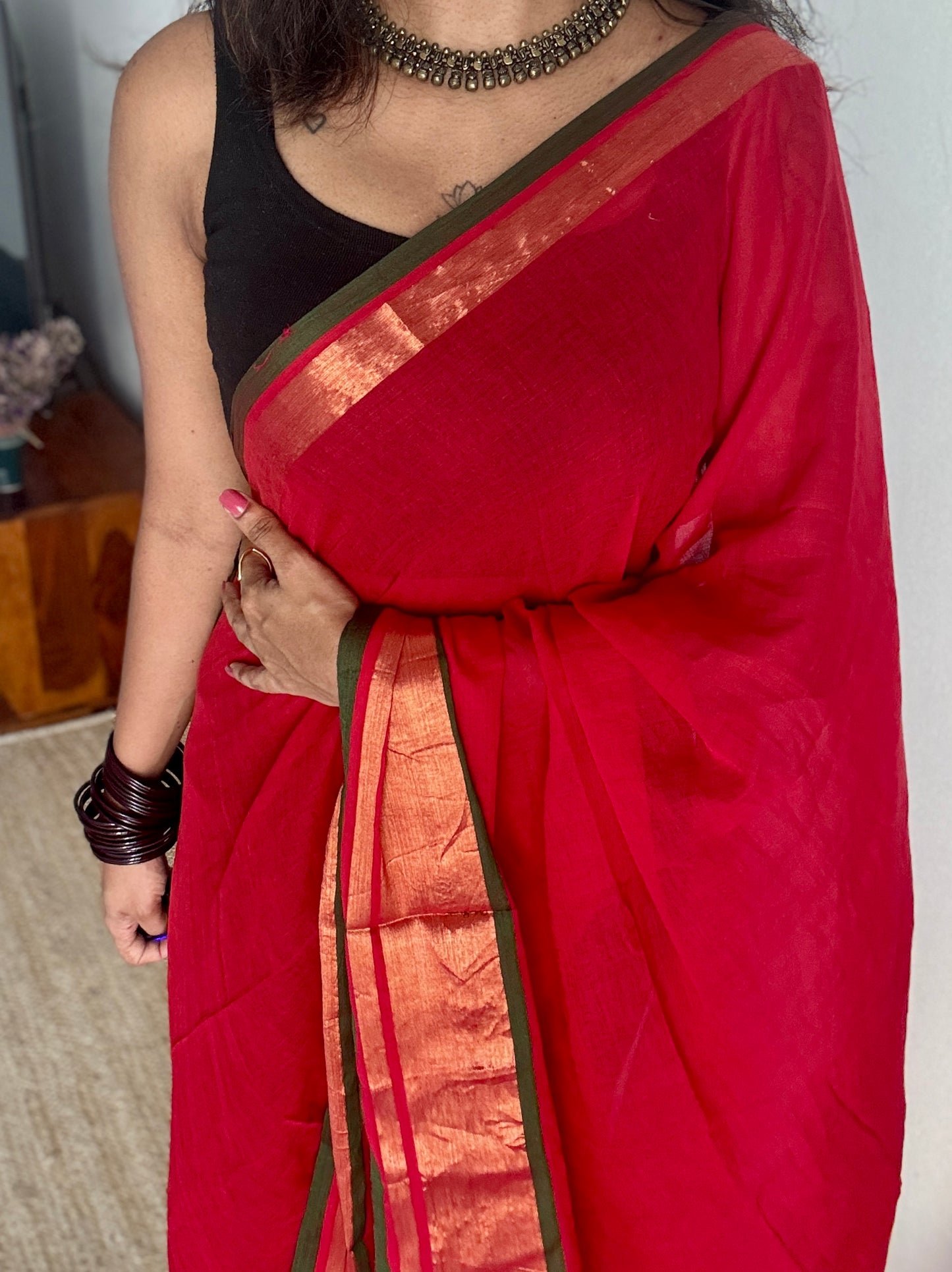 Red with antique gold zari border, mul cotton YCBCMCM07
