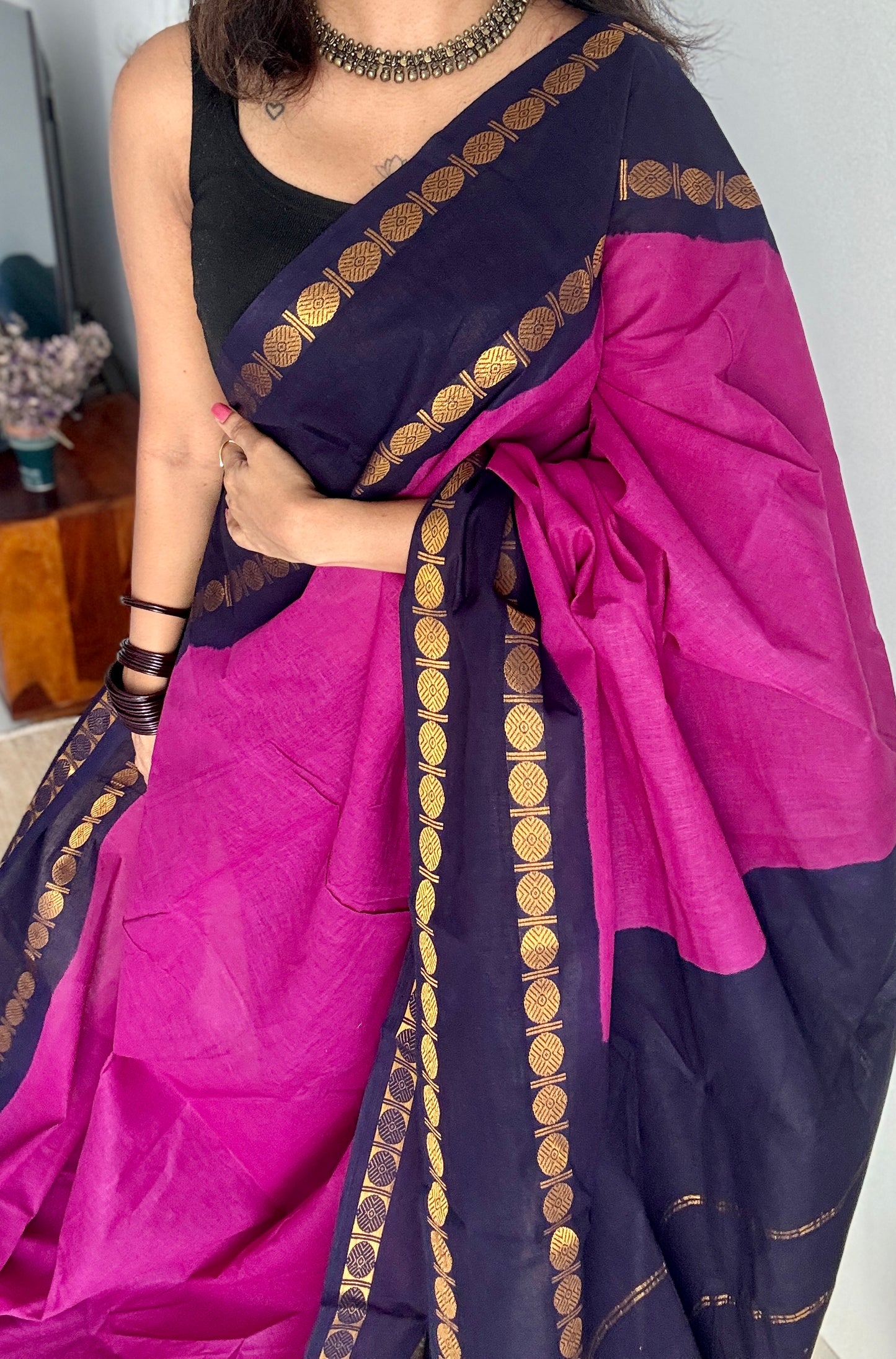 Purple pink with dark blue rudraksham motif border - Madurai Sungudi cotton YCCOTNSRC02