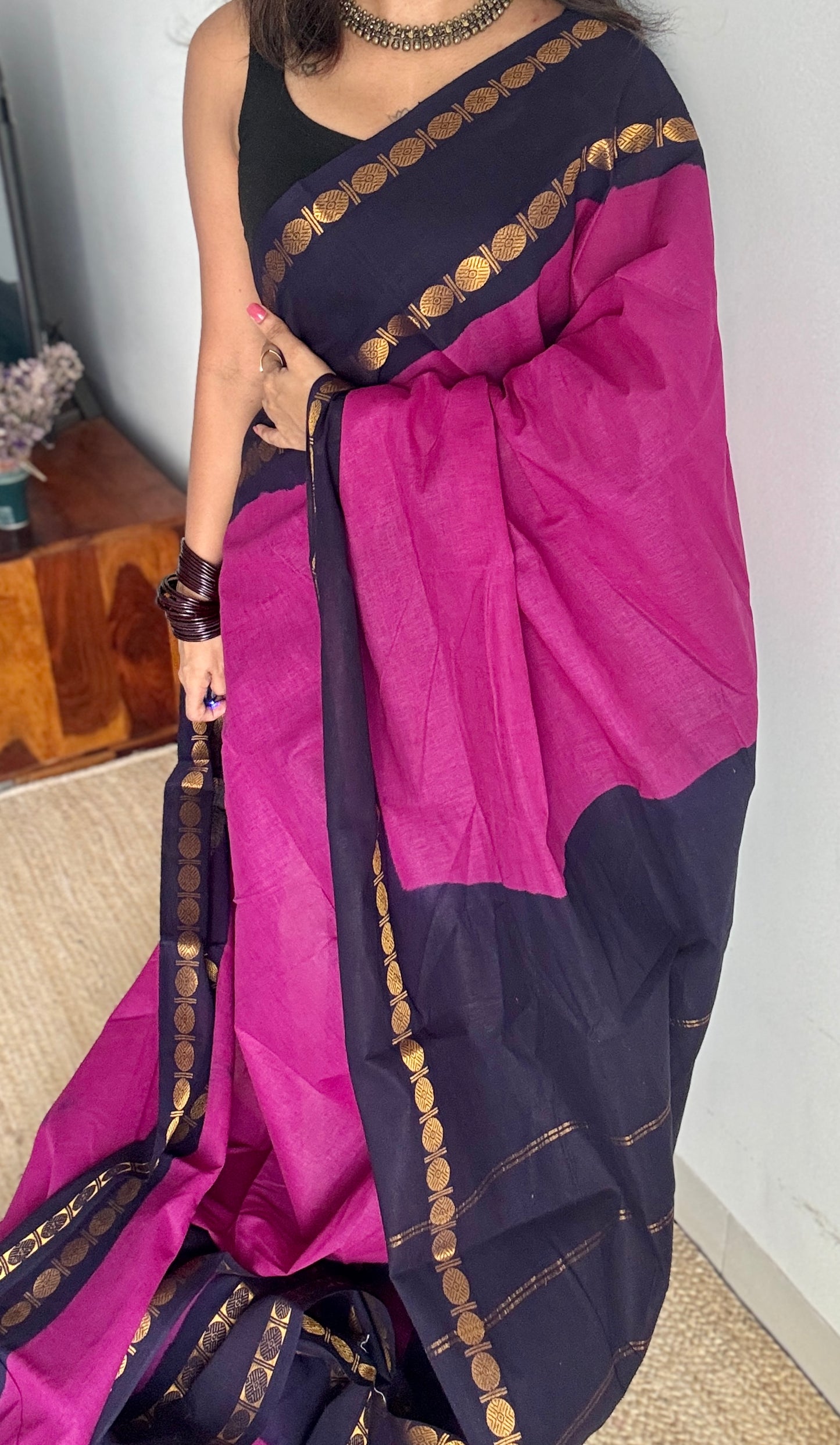 Purple pink with dark blue rudraksham motif border - Madurai Sungudi cotton YCCOTNSRC02