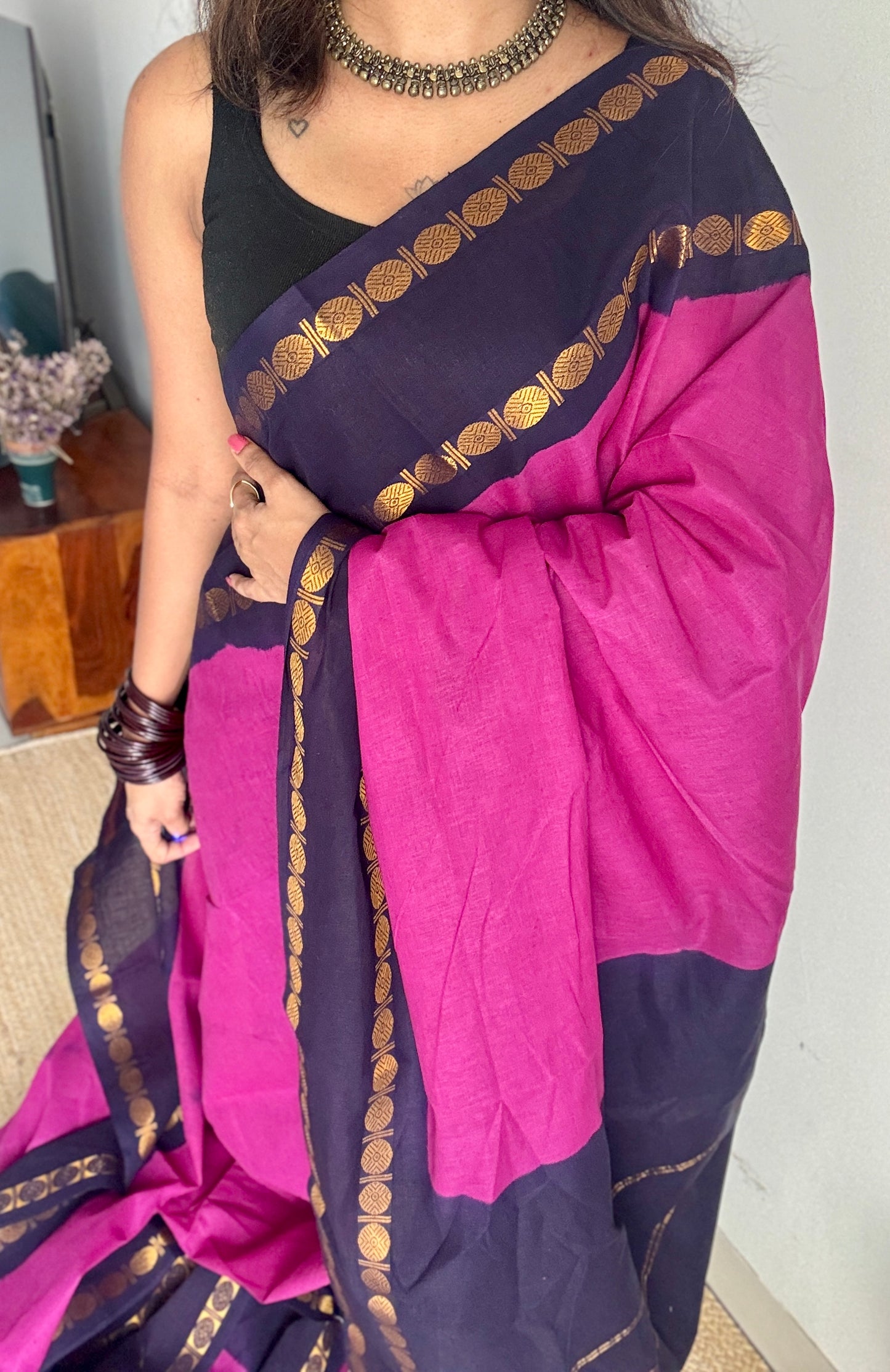 Purple pink with dark blue rudraksham motif border - Madurai Sungudi cotton YCCOTNSRC02