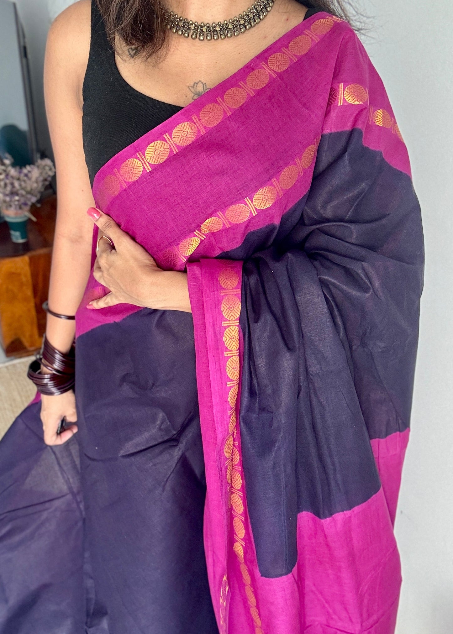 Dark blue with purple pink rudraksham motif border - Madurai Sungudi cotton YCCOTNSRC01