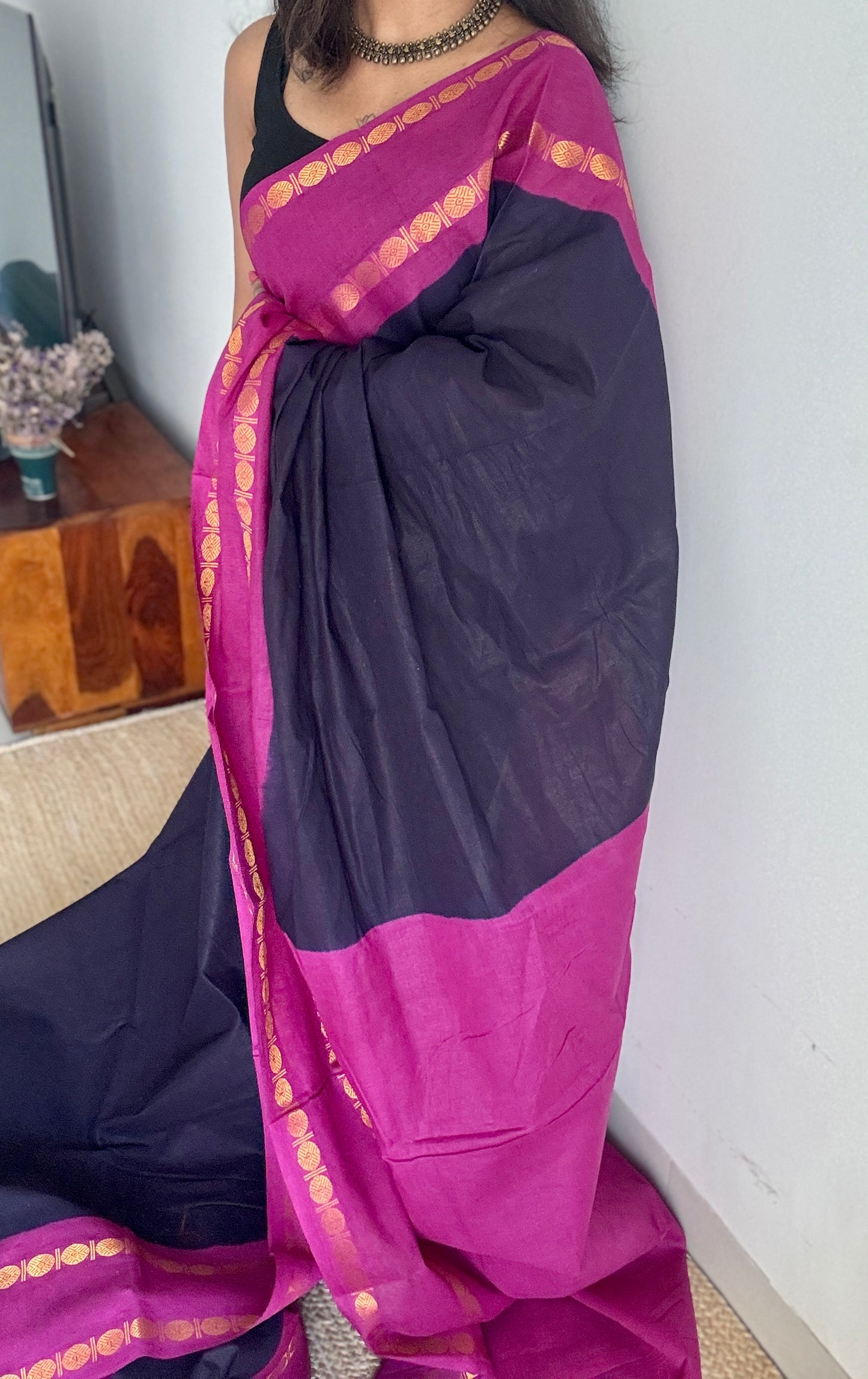 Dark blue with purple pink rudraksham motif border - Madurai Sungudi cotton YCCOTNSRC01