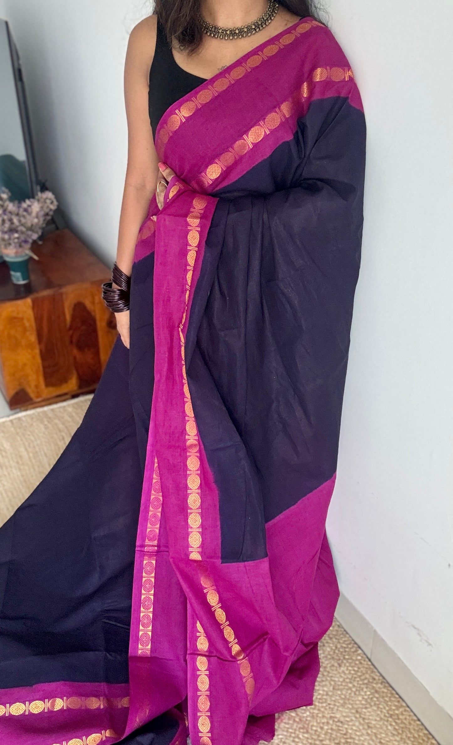 Dark blue with purple pink rudraksham motif border - Madurai Sungudi cotton YCCOTNSRC01