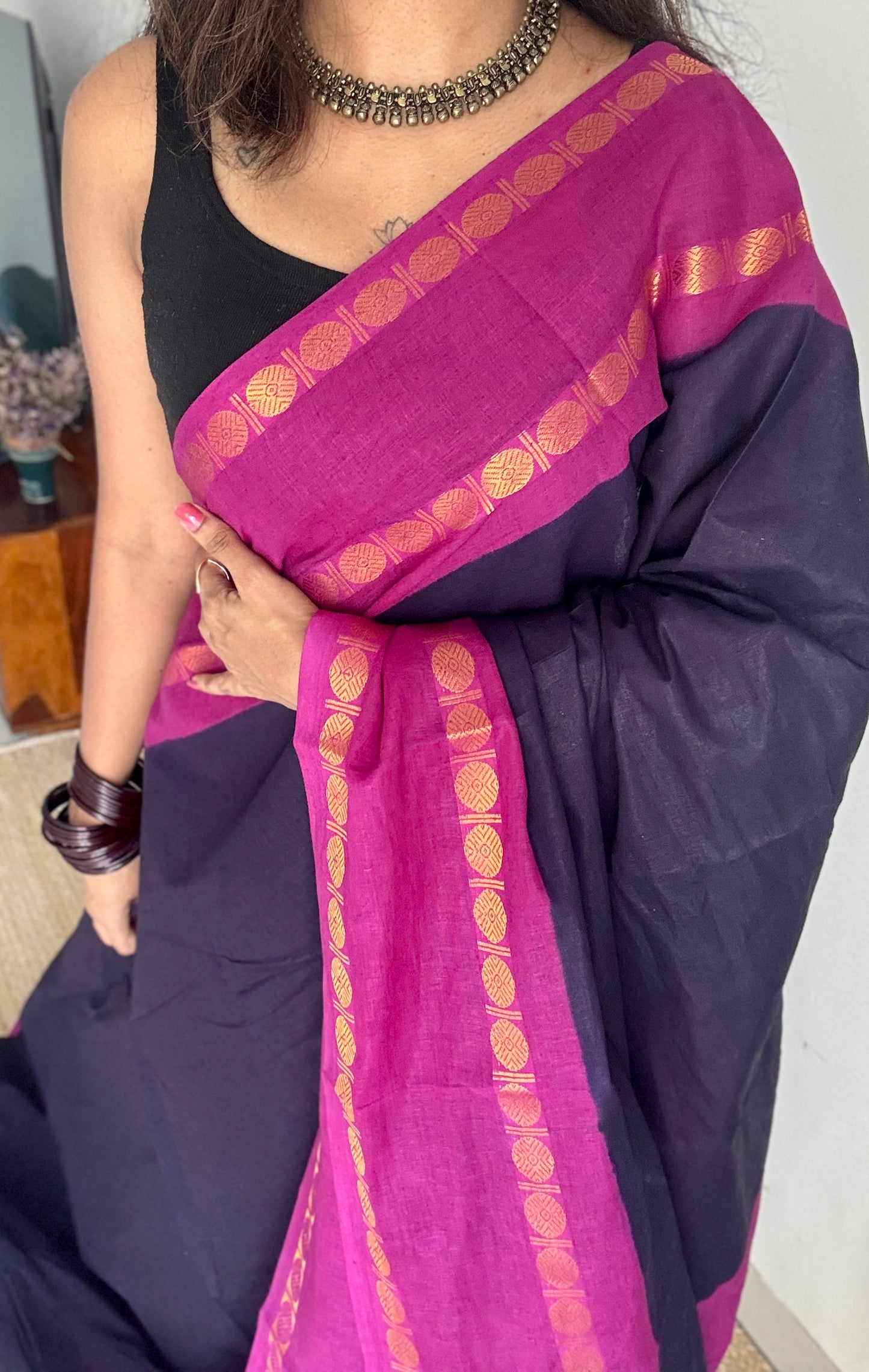 Dark blue with purple pink rudraksham motif border - Madurai Sungudi cotton YCCOTNSRC01