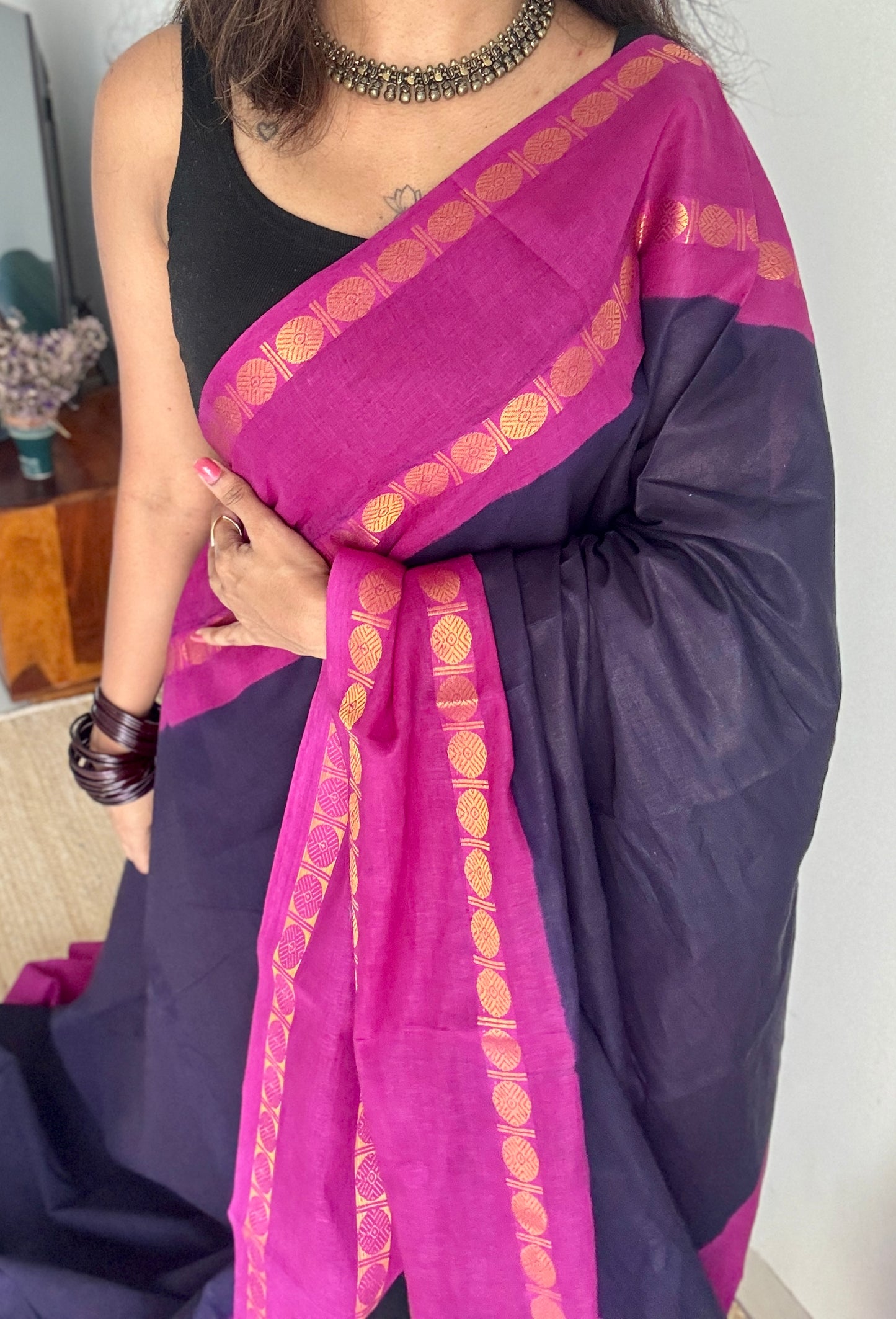 Dark blue with purple pink rudraksham motif border - Madurai Sungudi cotton YCCOTNSRC01