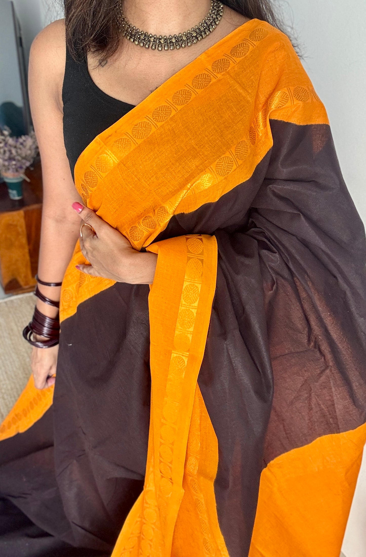 Black with yellow rudraksham motif border - Madurai Sungudi cotton YCCOTNSRC03