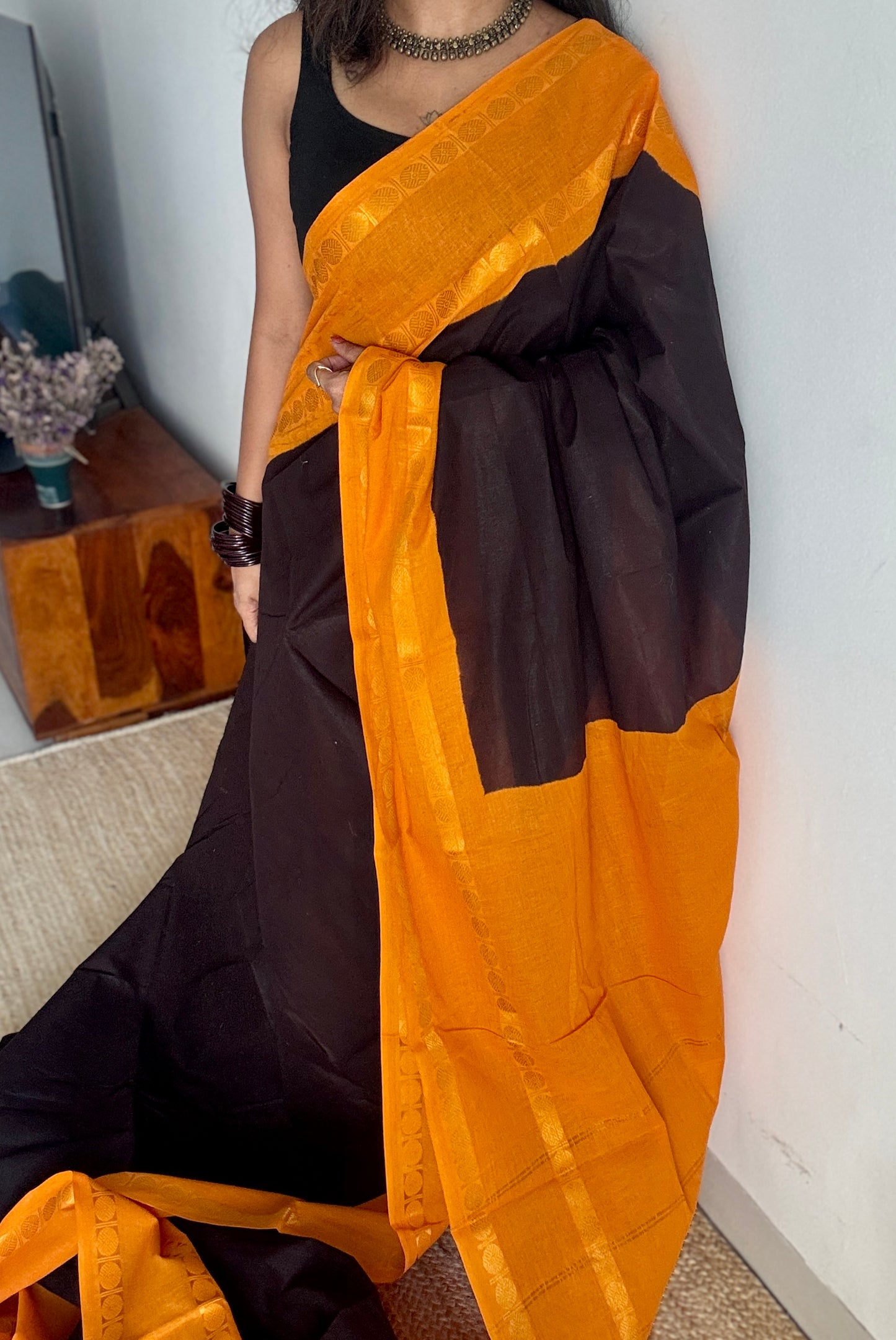 Black with yellow rudraksham motif border - Madurai Sungudi cotton YCCOTNSRC03