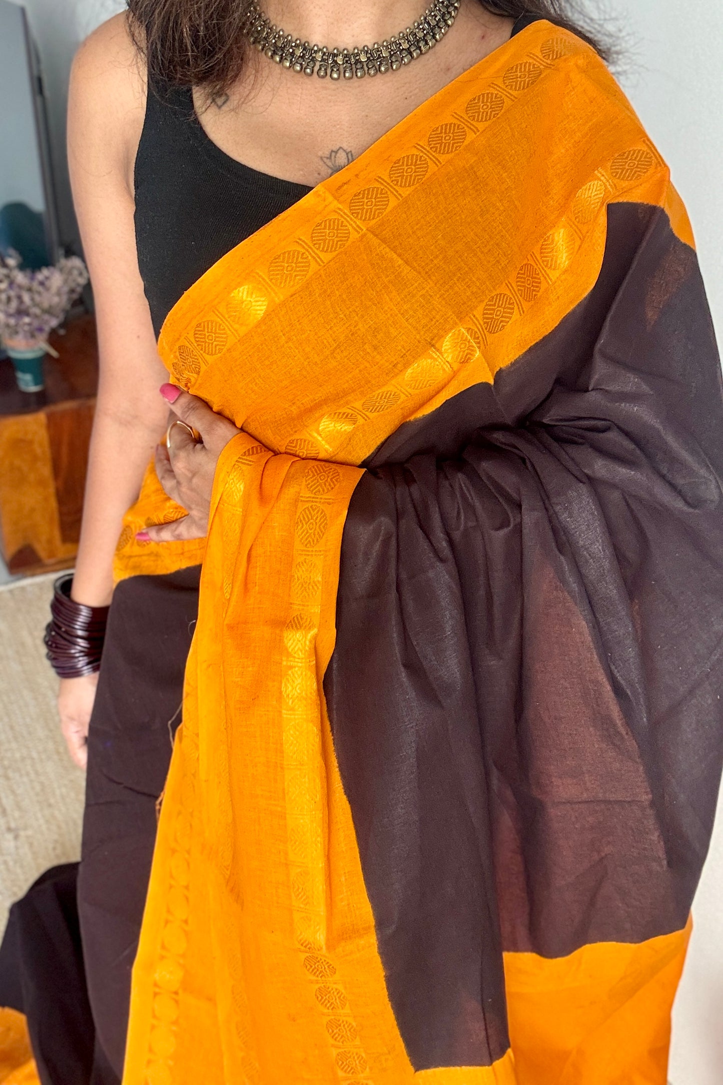 Black with yellow rudraksham motif border - Madurai Sungudi cotton YCCOTNSRC03