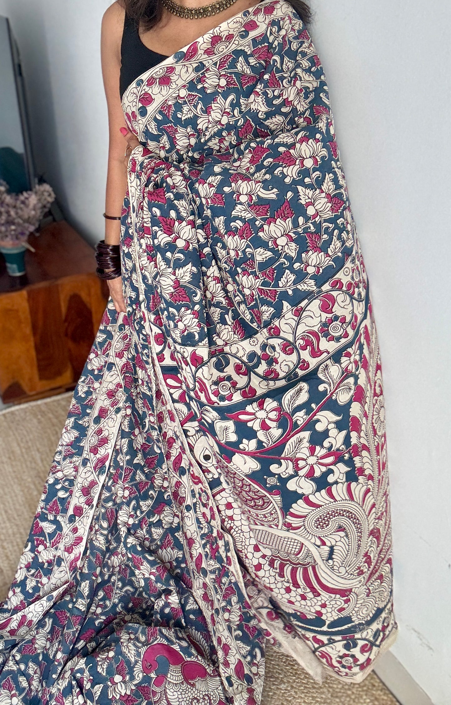 Peacock blue kalamkari, cream floral vines, soft cotton YCWOTDK09