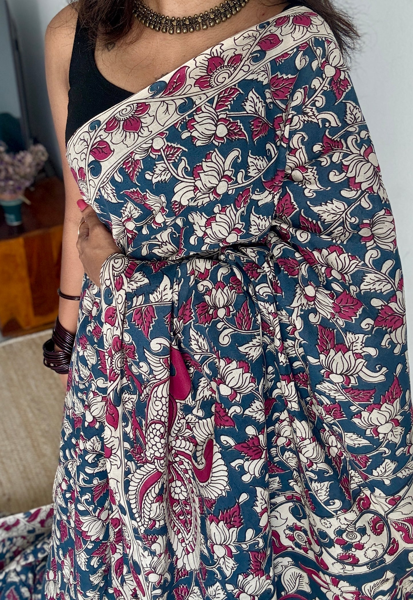 Peacock blue kalamkari, cream floral vines, soft cotton YCWOTDK09