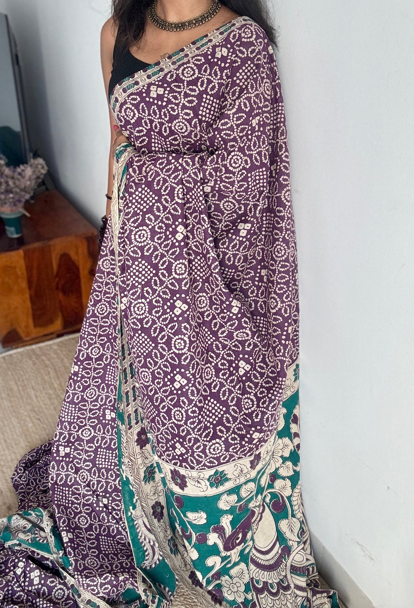 Violet kalamkari, cream floral vines, soft cotton YCWOTDK11