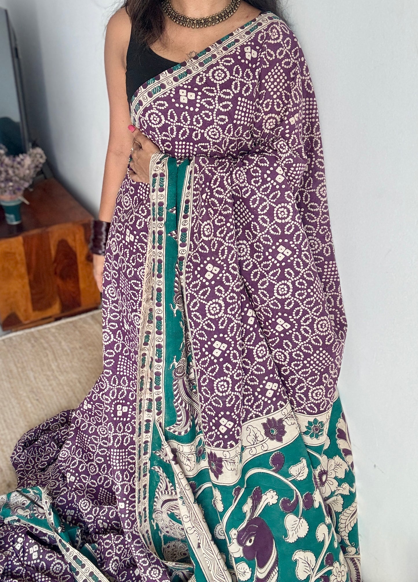 Violet kalamkari, cream floral vines, soft cotton YCWOTDK11