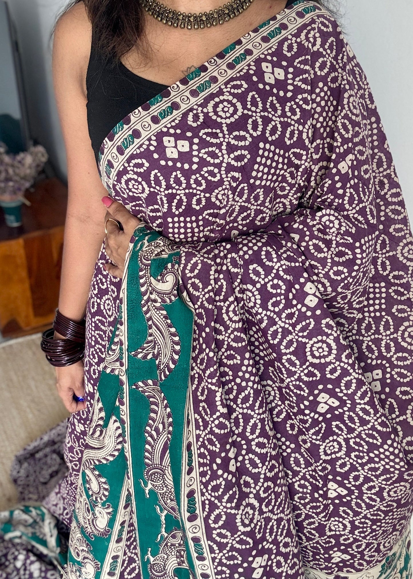 Violet kalamkari, cream floral vines, soft cotton YCWOTDK11
