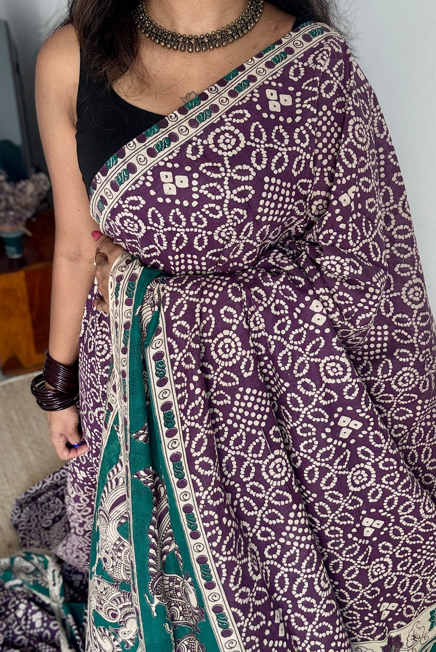 Violet kalamkari, cream floral vines, soft cotton YCWOTDK11