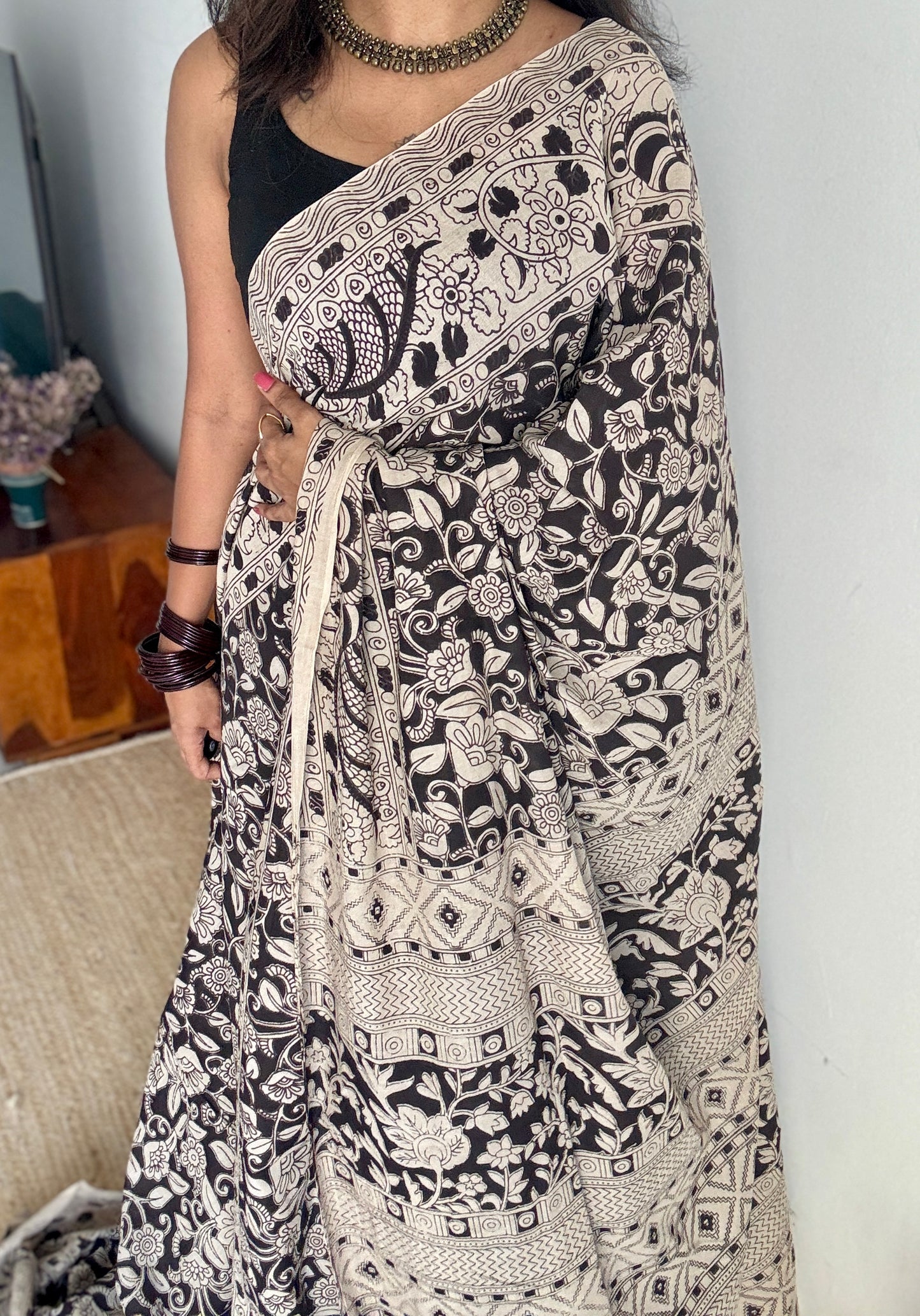 Black kalamkari, cream floral vines, soft cotton YCWOTDK10