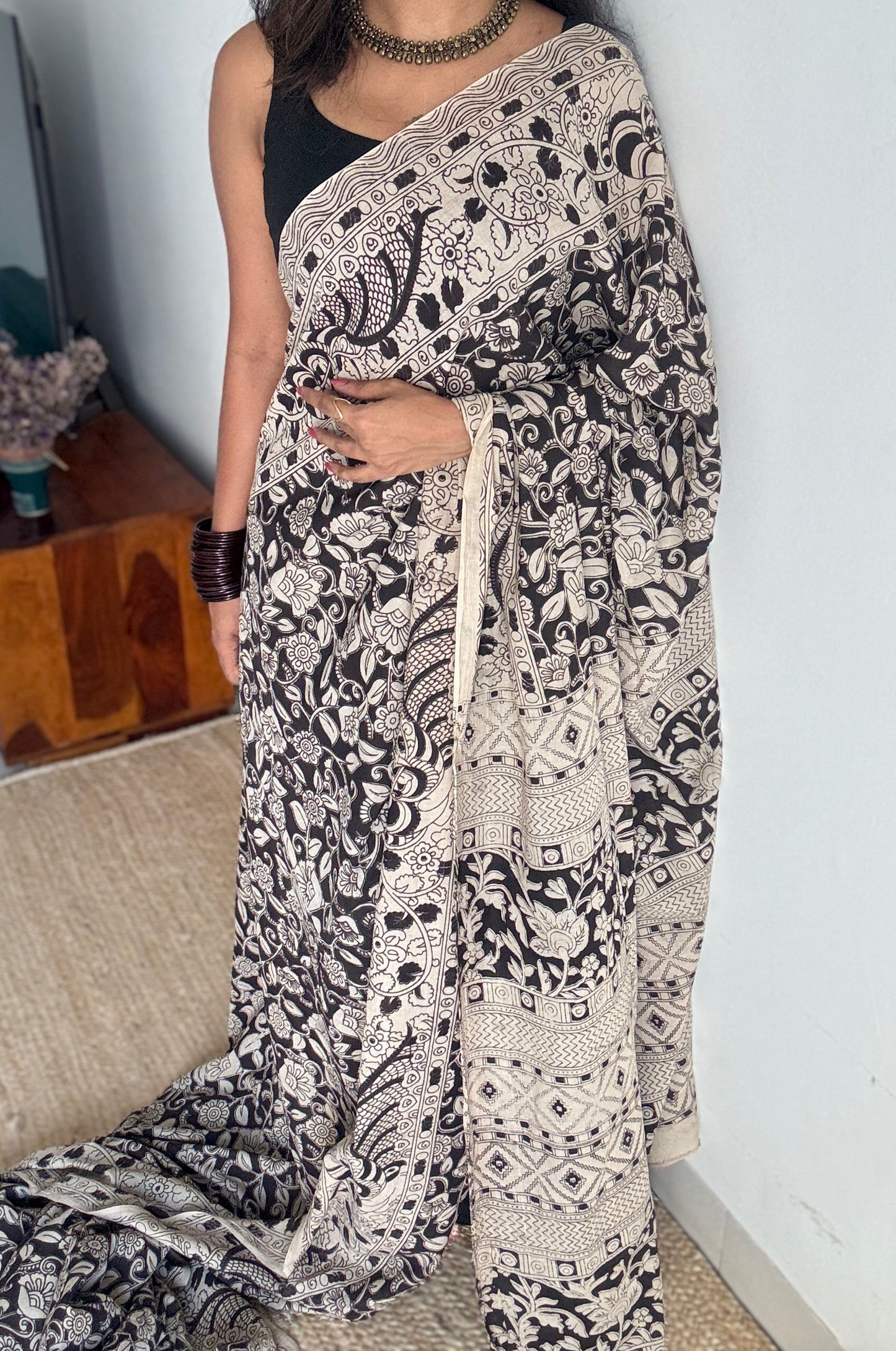 Black kalamkari, cream floral vines, soft cotton YCWOTDK10