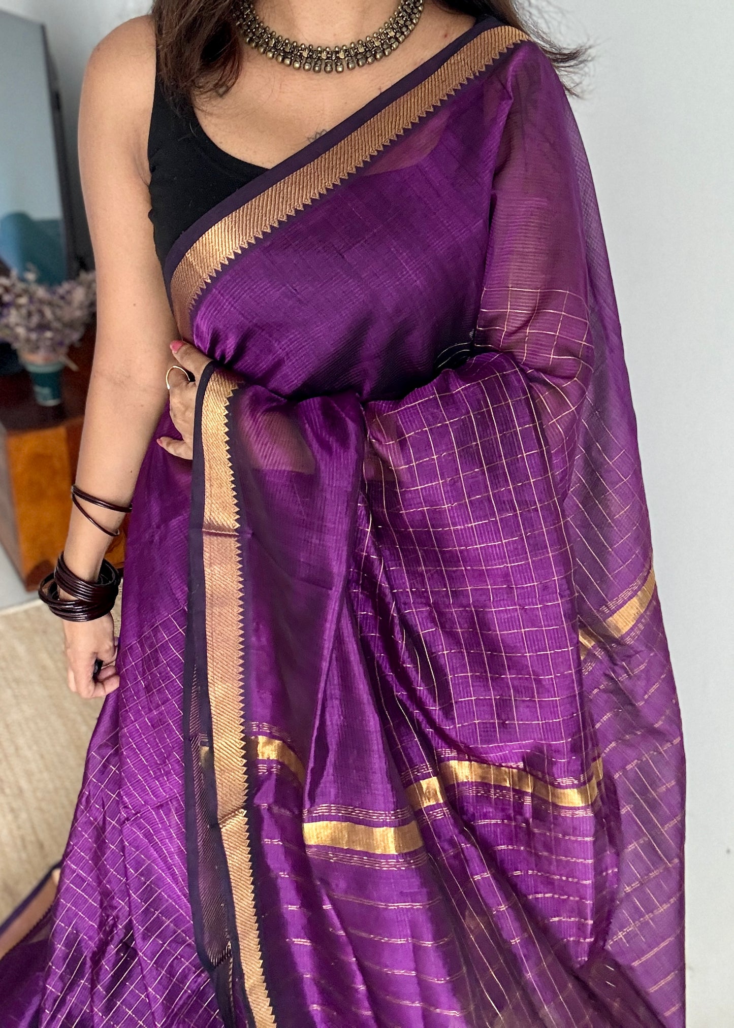 Purple pink (vadamalli) checks, mangalgiri silk by silk, handwoven, soft, light weight- YCWOTDMSCM18