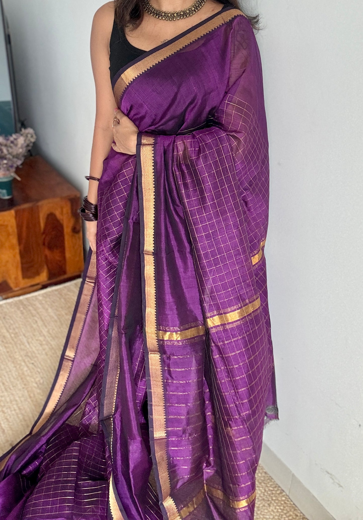 Purple pink (vadamalli) checks, mangalgiri silk by silk, handwoven, soft, light weight- YCWOTDMSCM18