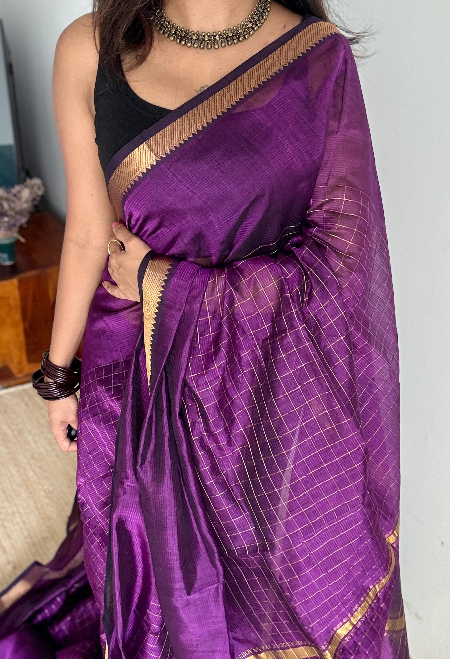 Purple pink (vadamalli) checks, mangalgiri silk by silk, handwoven, soft, light weight- YCWOTDMSCM18
