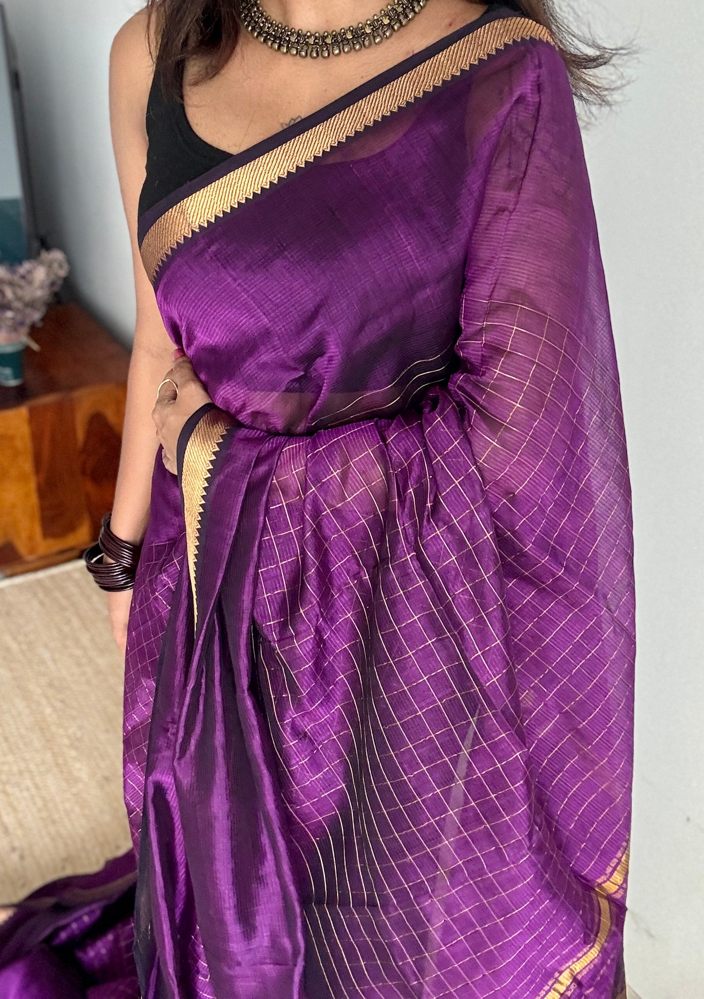 Purple pink (vadamalli) checks, mangalgiri silk by silk, handwoven, soft, light weight- YCWOTDMSCM18