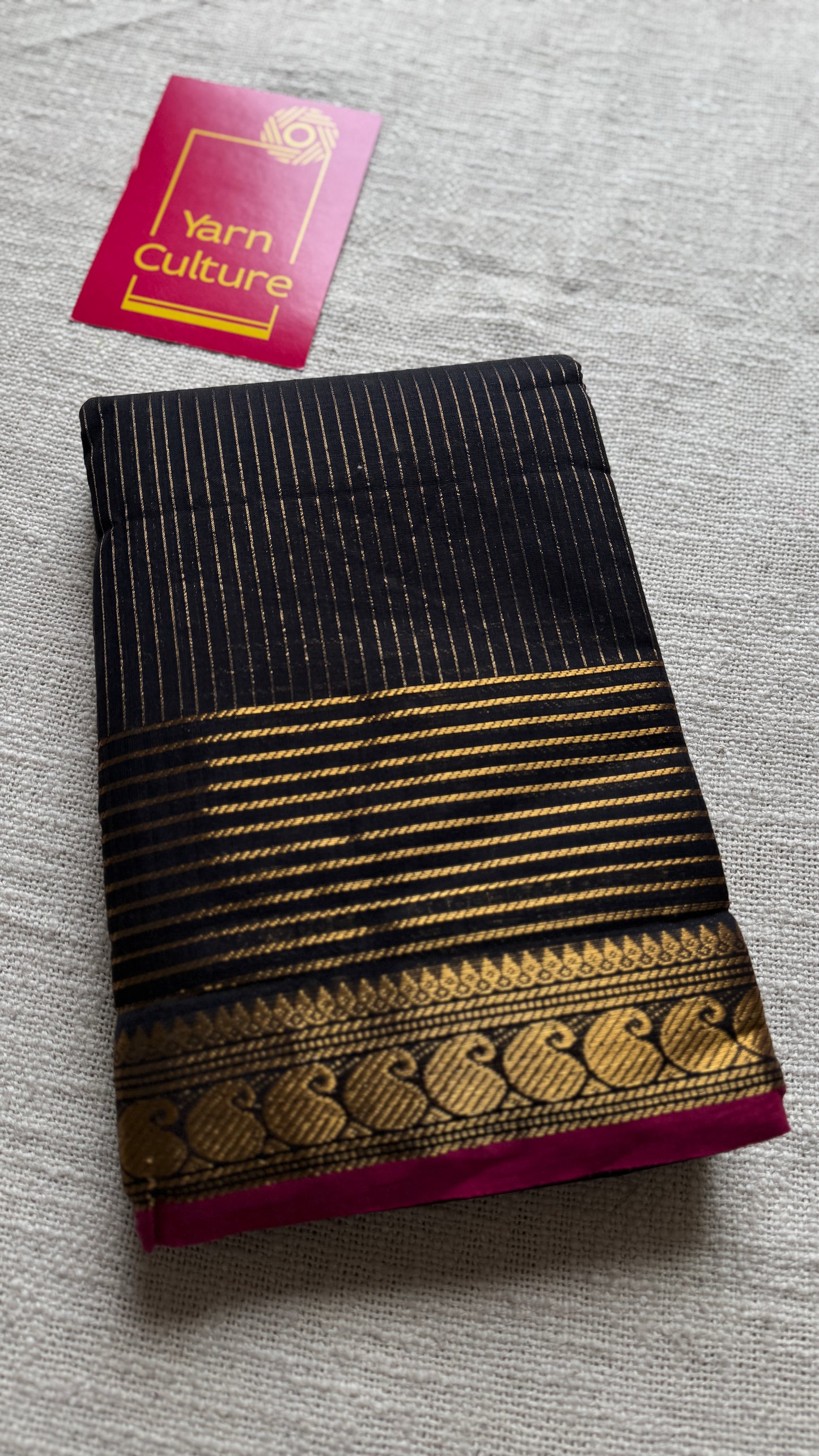Black with gold stripes, pink motif border - Kanchi Cotton - YCCOTNCLS01