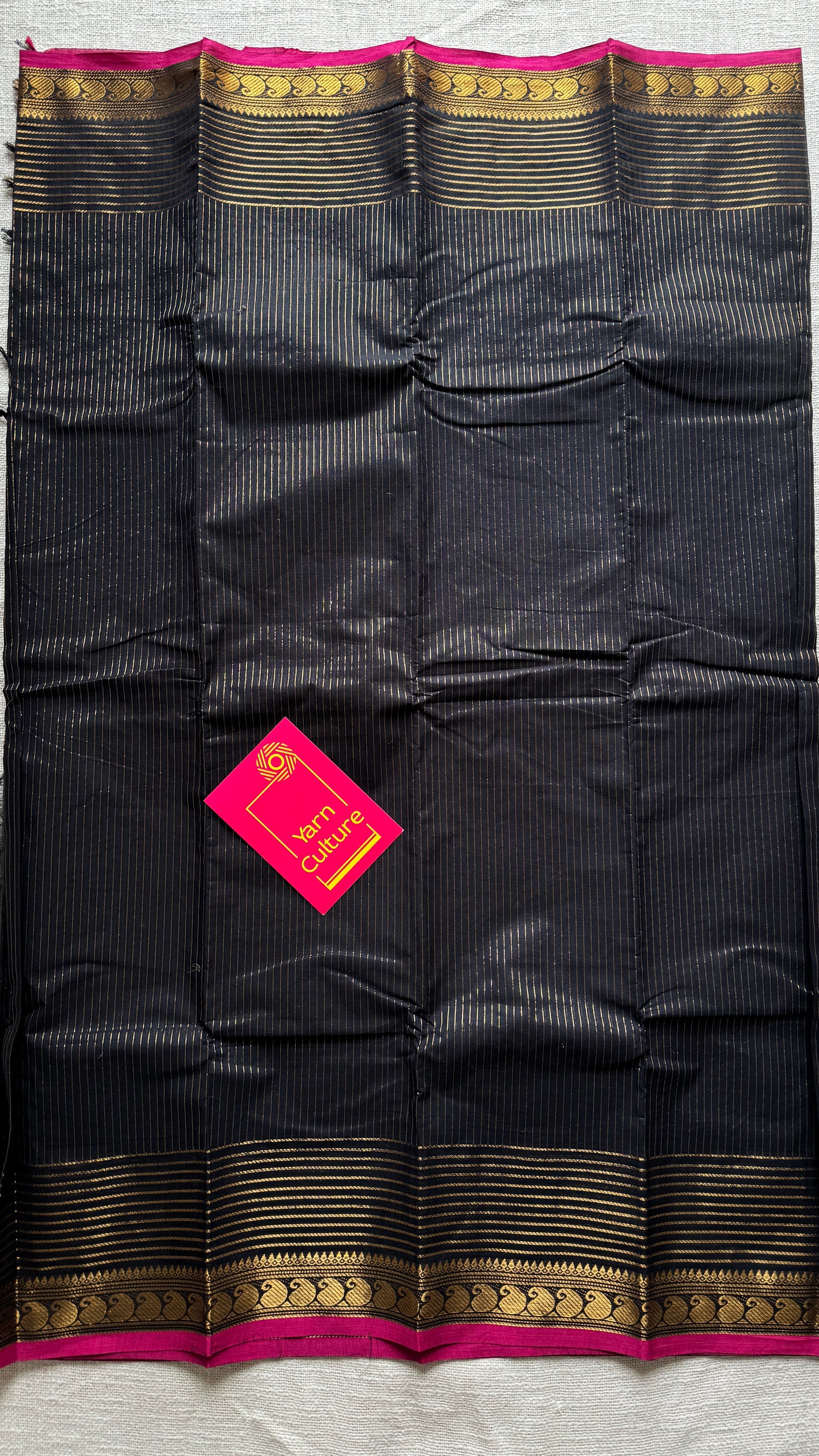 Black with gold stripes, pink motif border - Kanchi Cotton - YCCOTNCLS01