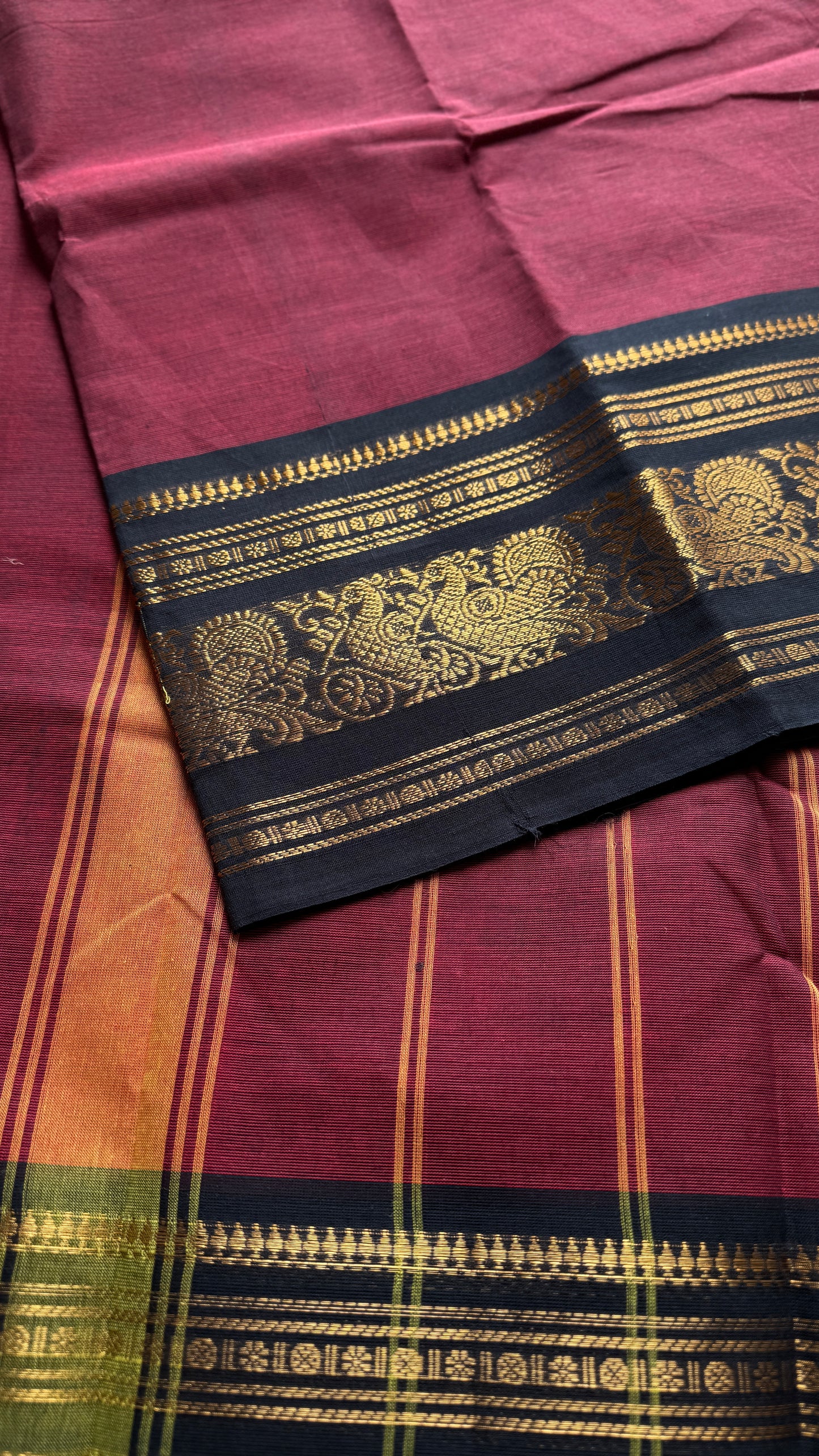 Maroon with Black Contrast Peacock Motif Border - Chettinad Cotton - YCCOTNCLWB08