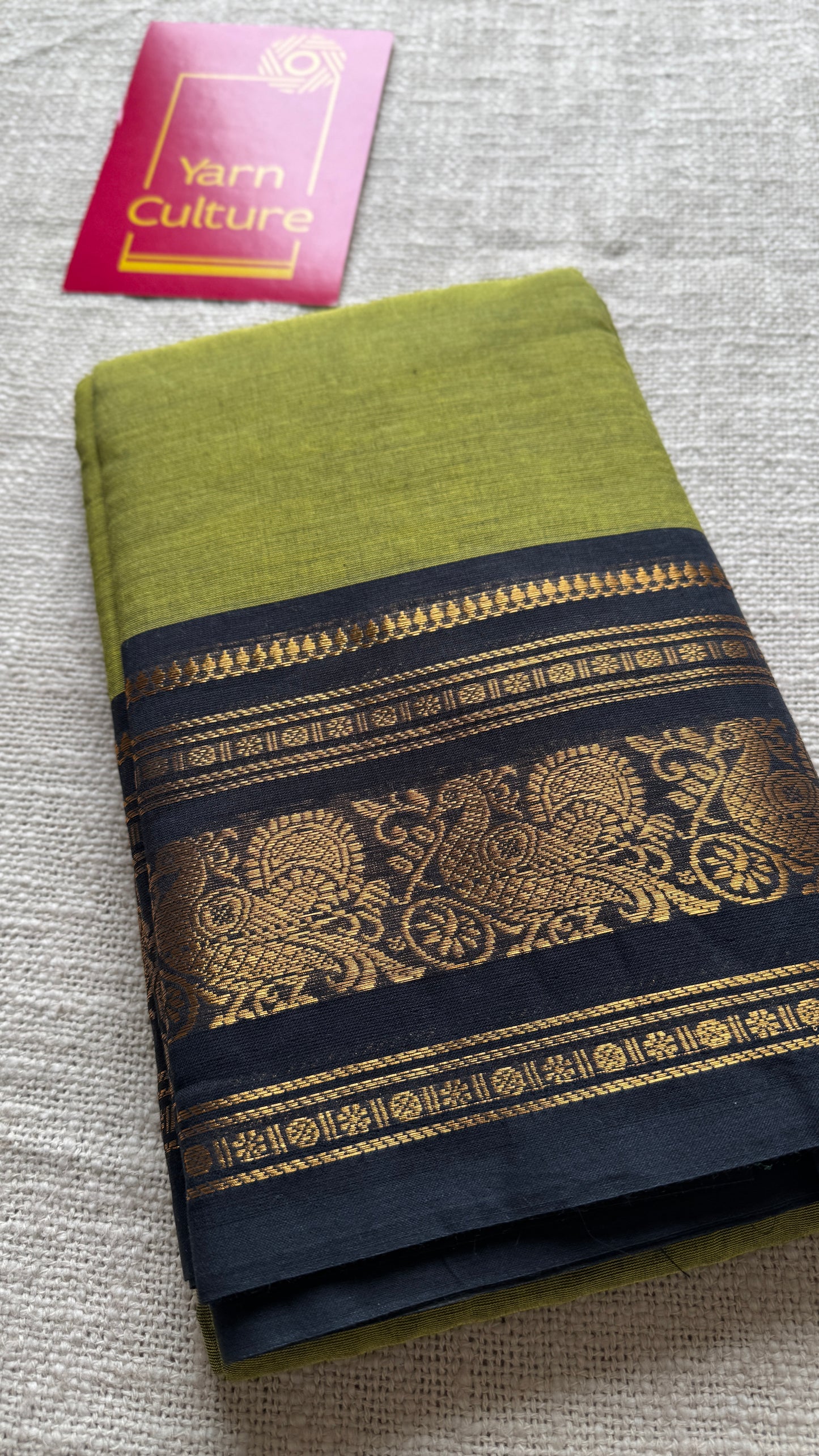 Green with Black Contrast Peacock Motif Border - Chettinad Cotton - YCCOTNCLWB09