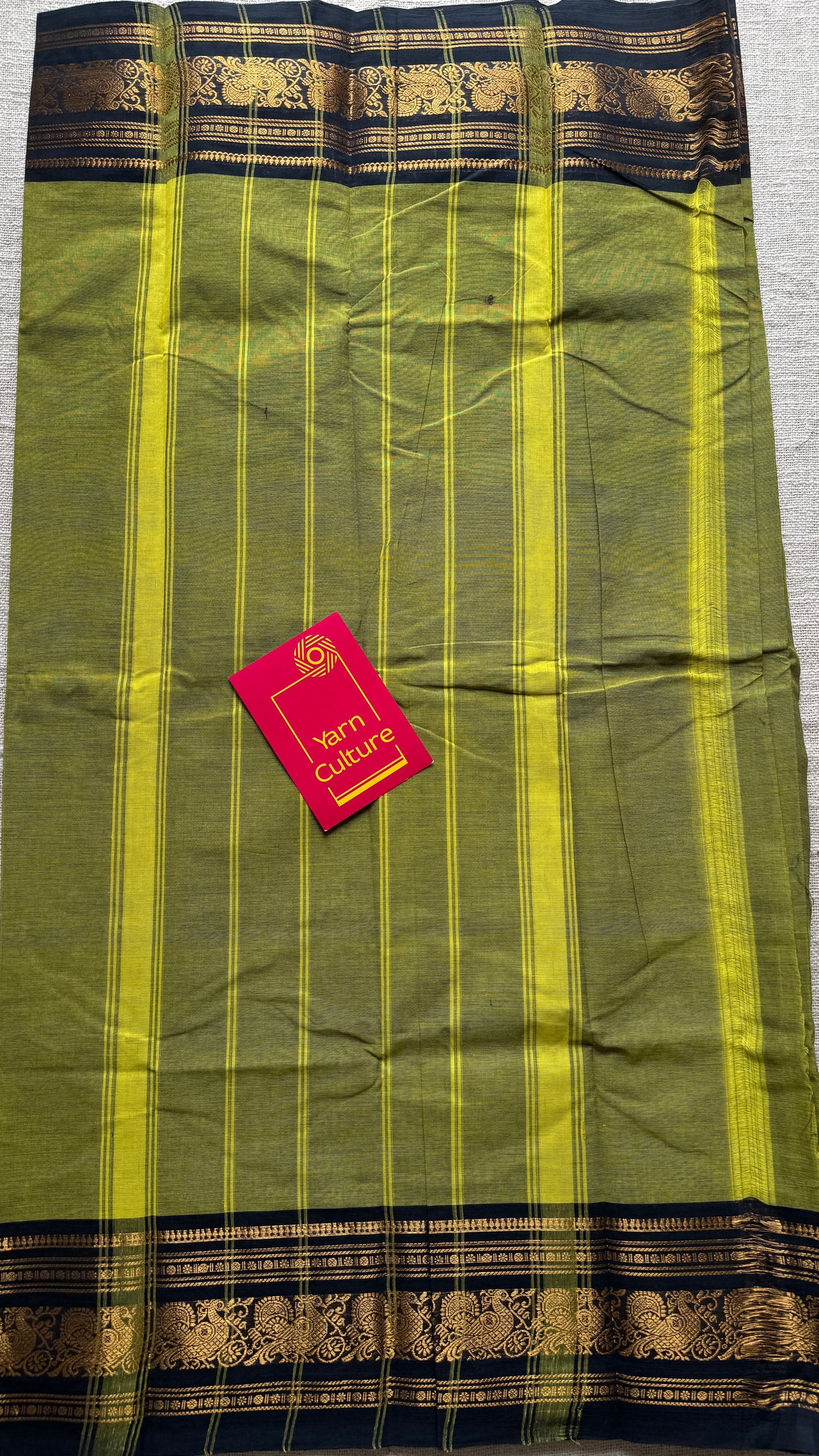 Green with Black Contrast Peacock Motif Border - Chettinad Cotton - YCCOTNCLWB09