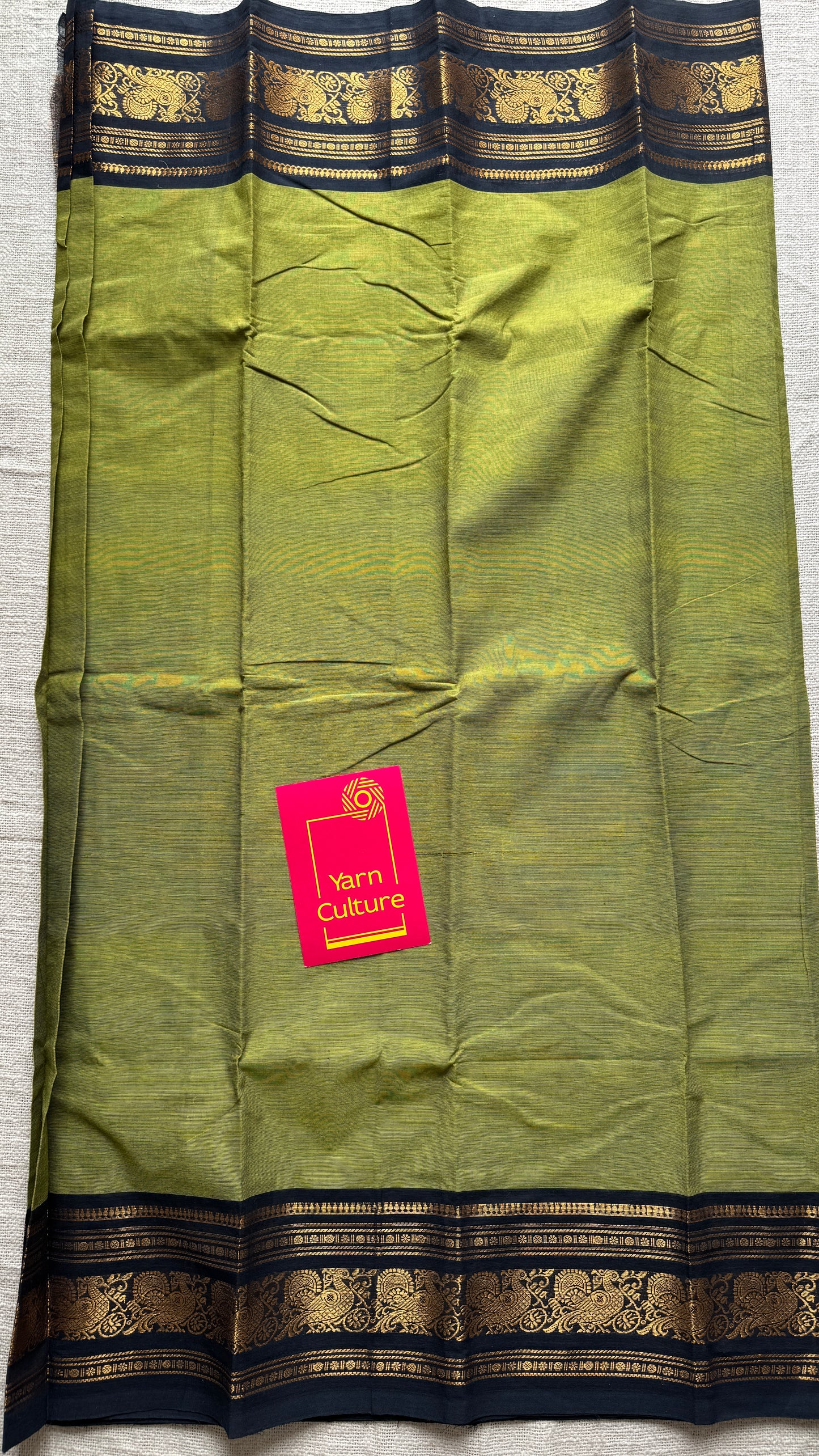 Green with Black Contrast Peacock Motif Border - Chettinad Cotton - YCCOTNCLWB09