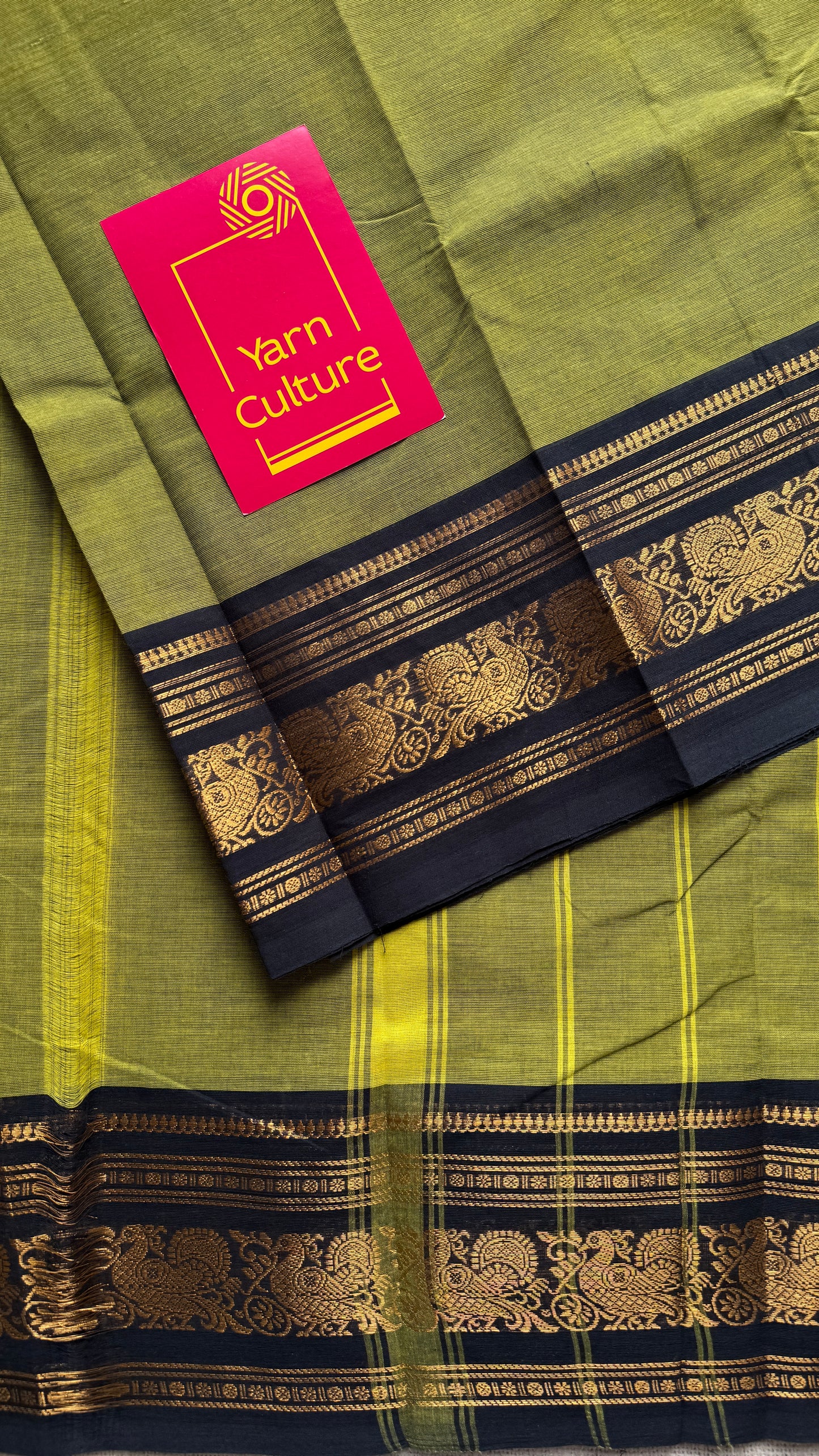 Green with Black Contrast Peacock Motif Border - Chettinad Cotton - YCCOTNCLWB09