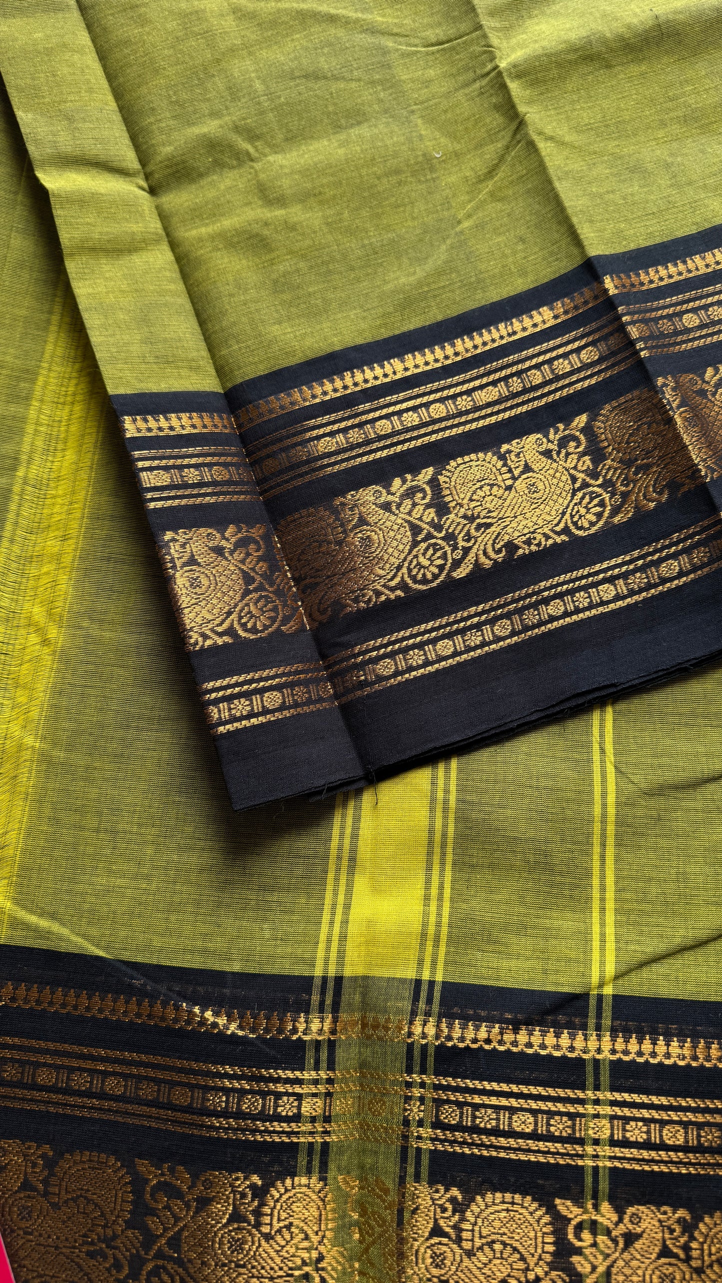 Green with Black Contrast Peacock Motif Border - Chettinad Cotton - YCCOTNCLWB09