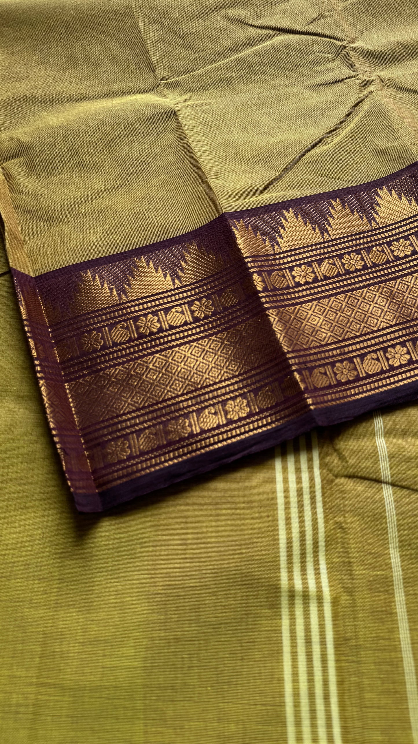 Light Green with Brown Contrast Border (single side) - Chettinad Cotton - YCCOTNCLWB06