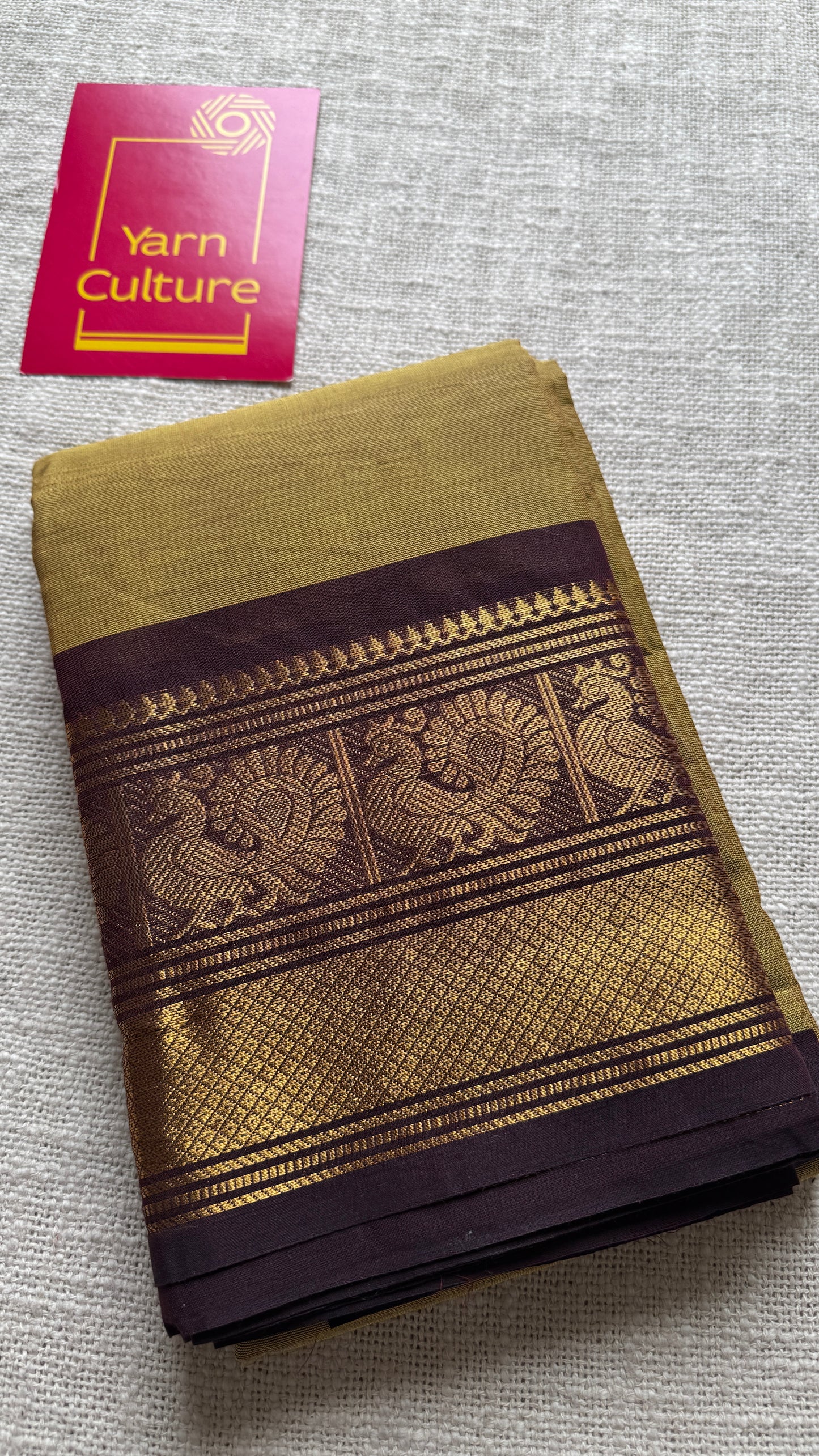 Light Green with Brown Contrast Peacock Motif Border (single side) - Chettinad Cotton - YCCOTNCLWB07