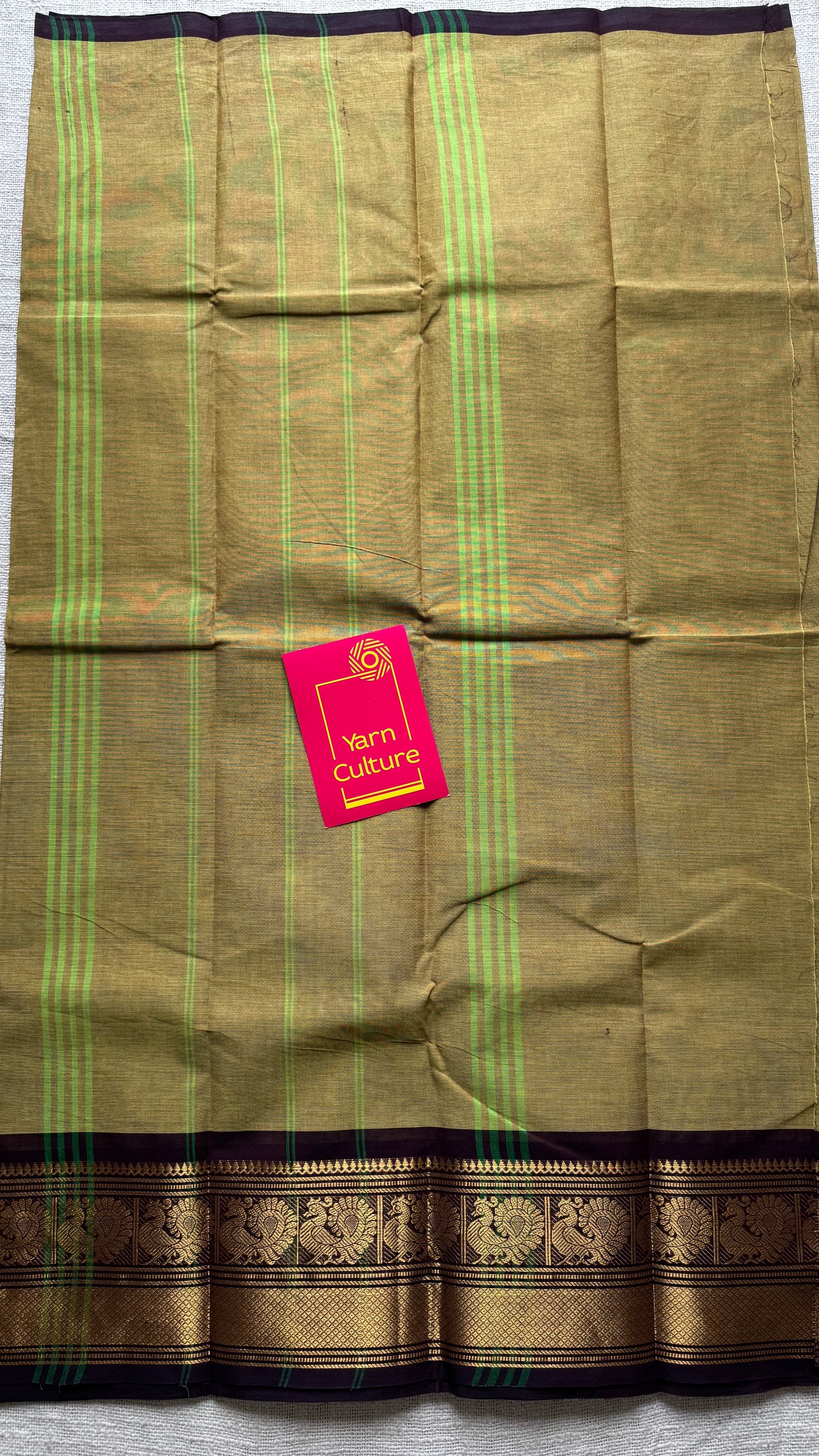 Light Green with Brown Contrast Peacock Motif Border (single side) - Chettinad Cotton - YCCOTNCLWB07