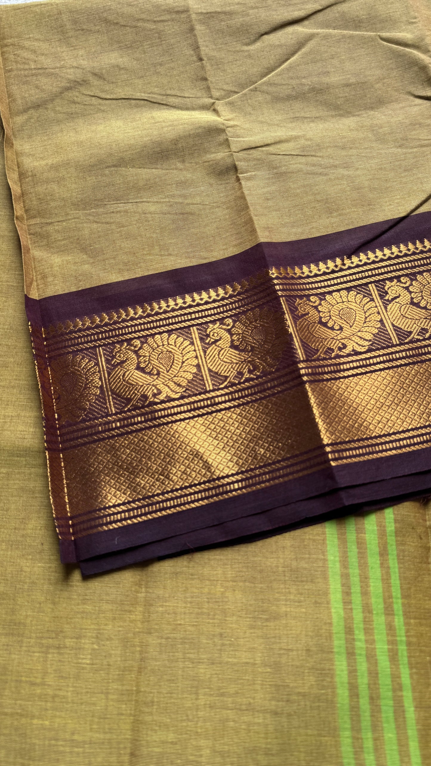 Light Green with Brown Contrast Peacock Motif Border (single side) - Chettinad Cotton - YCCOTNCLWB07