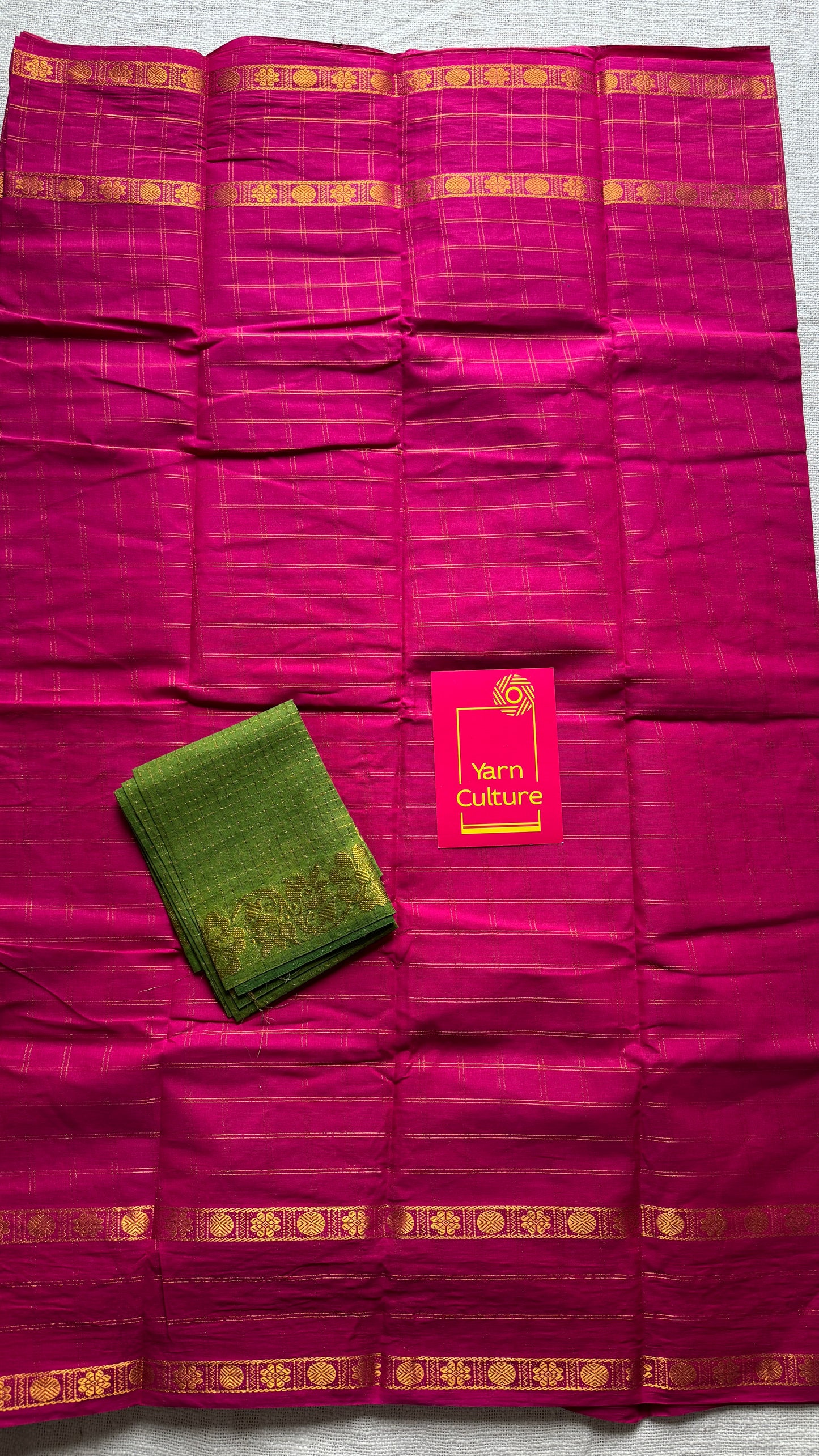 Hot pink adayar zari kattam, sungudi cotton, with contrast blouse fabric - YCCOTNAZKR04