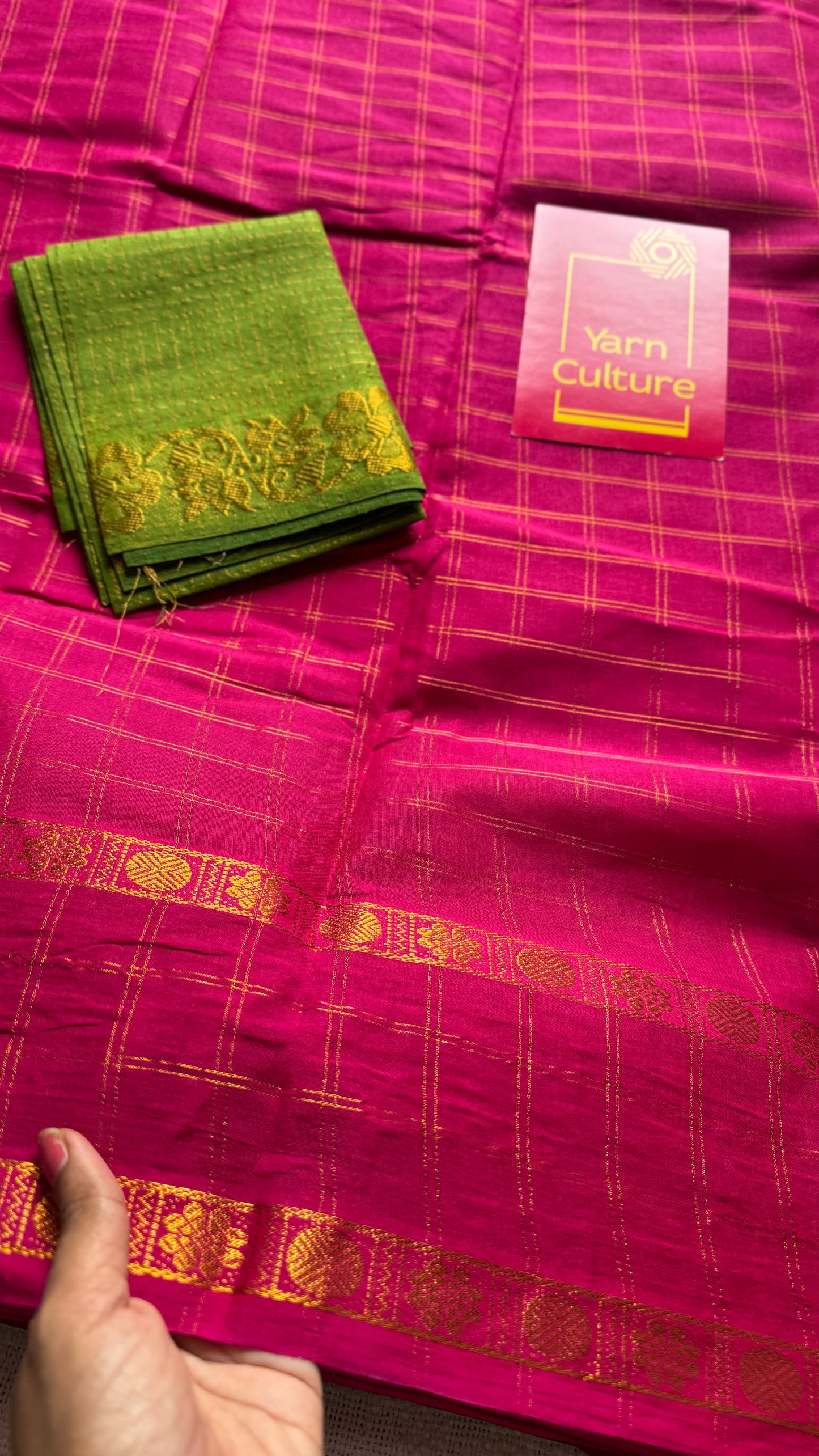 Hot pink adayar zari kattam, sungudi cotton, with contrast blouse fabric - YCCOTNAZKR04