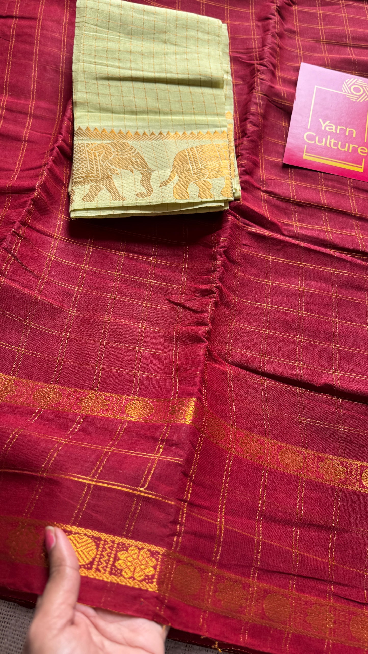 Maroon adayar zari kattam, sungudi cotton, with contrast blouse fabric - YCCOTNAZKR03