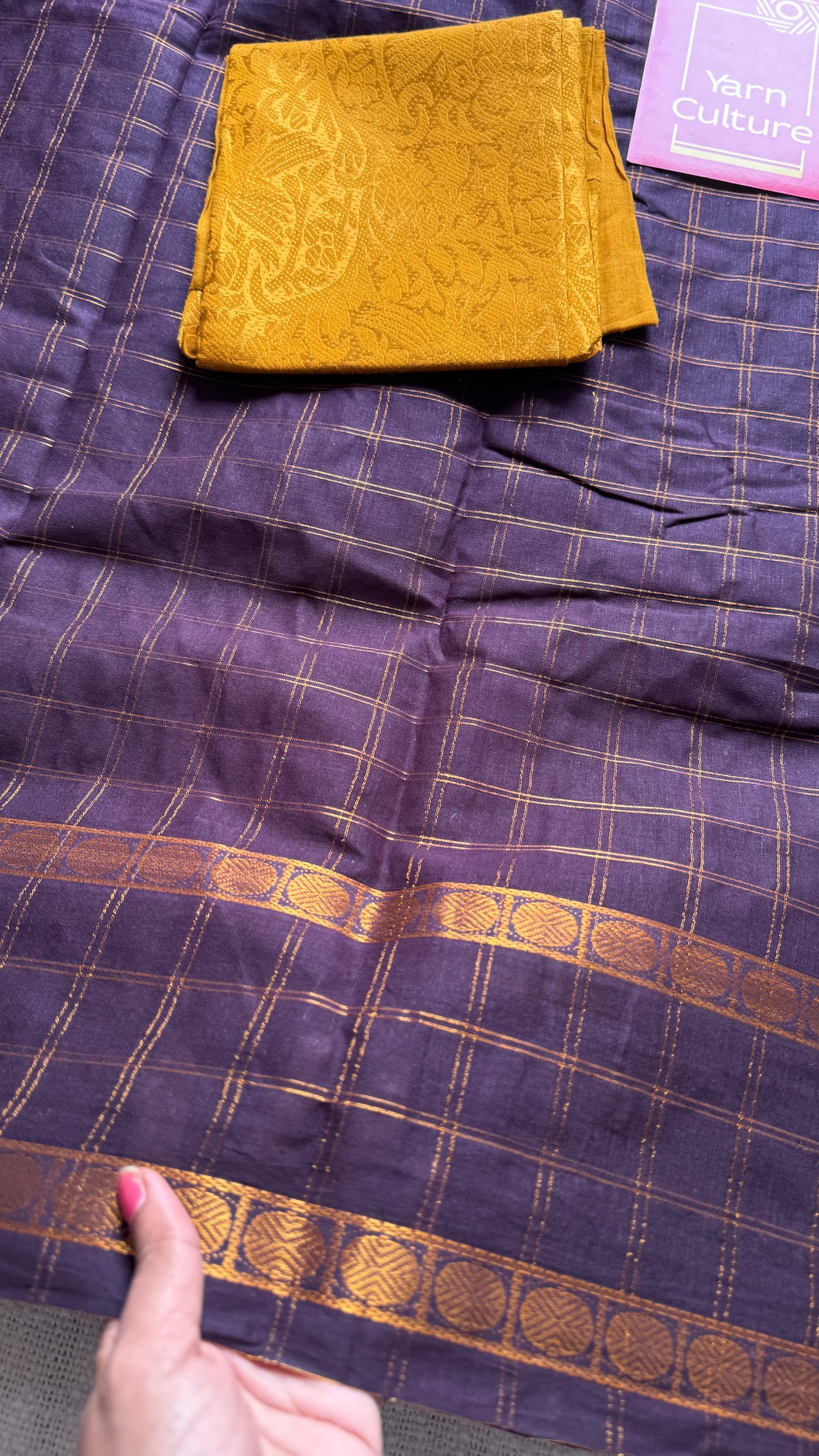 Purple Brown adayar zari kattam, sungudi cotton, with contrast blouse fabric - YCCOTNAZKR02