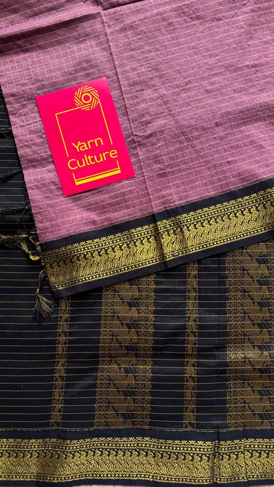 Copper rose with black contrast border, checkered - Kalyani Cotton Silk - YCCOTNKCSC12